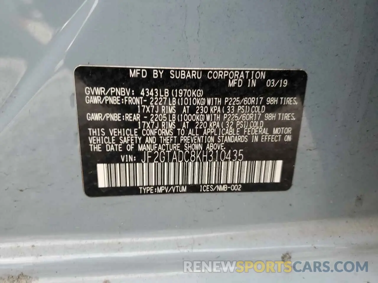 12 Photograph of a damaged car JF2GTADC8KH310435 SUBARU CROSSTREK 2019