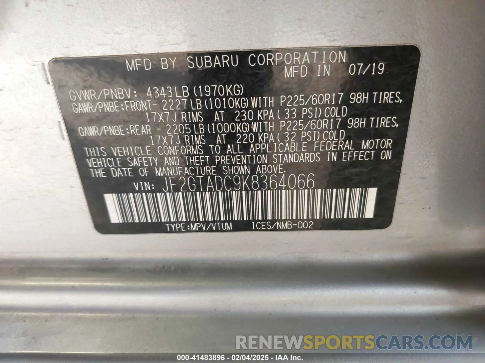 9 Фотография поврежденного автомобиля JF2GTADC9K8364066 SUBARU CROSSTREK 2019