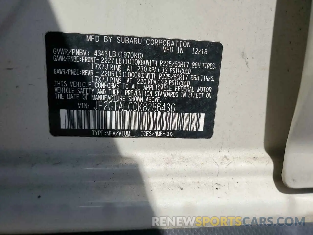14 Photograph of a damaged car JF2GTAEC0K8286436 SUBARU CROSSTREK 2019