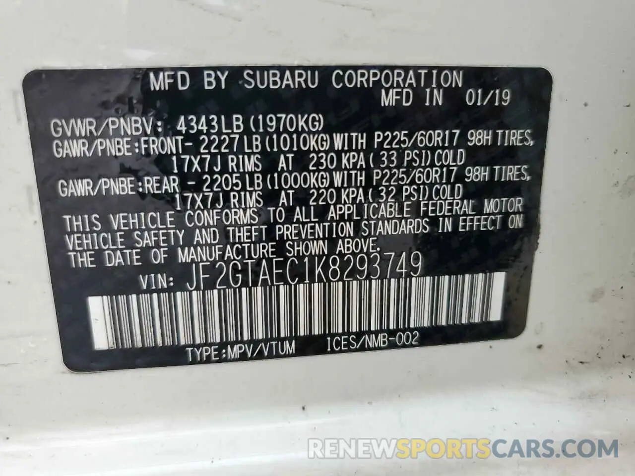 12 Фотография поврежденного автомобиля JF2GTAEC1K8293749 SUBARU CROSSTREK 2019