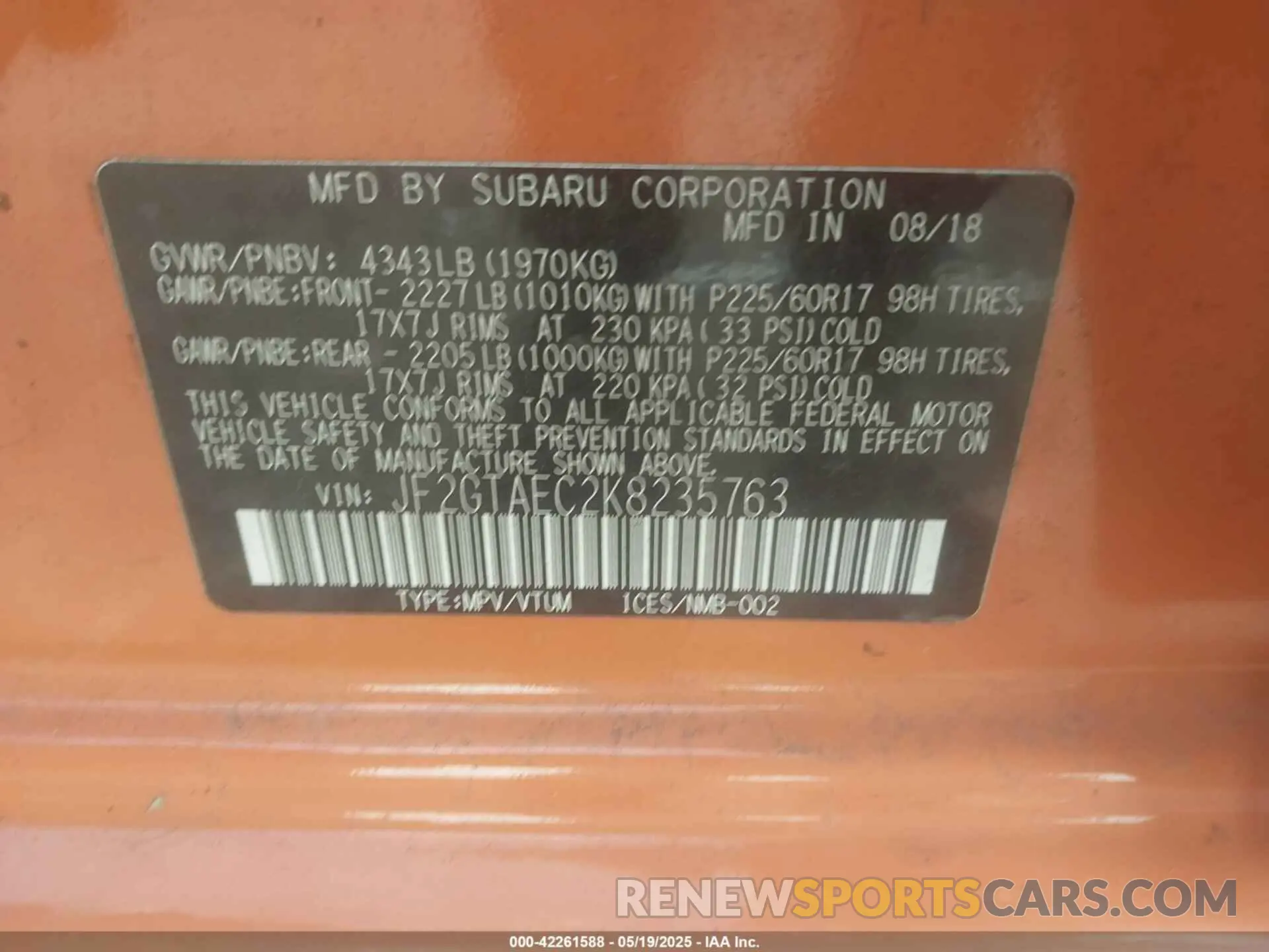 9 Фотография поврежденного автомобиля JF2GTAEC2K8235763 SUBARU CROSSTREK 2019