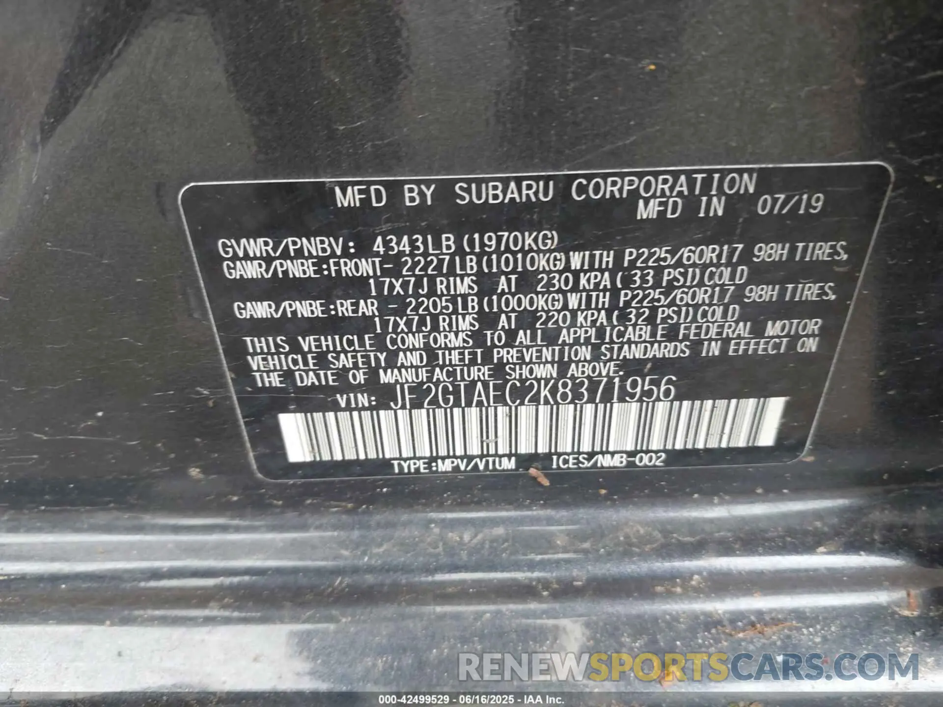 9 Photograph of a damaged car JF2GTAEC2K8371956 SUBARU CROSSTREK 2019