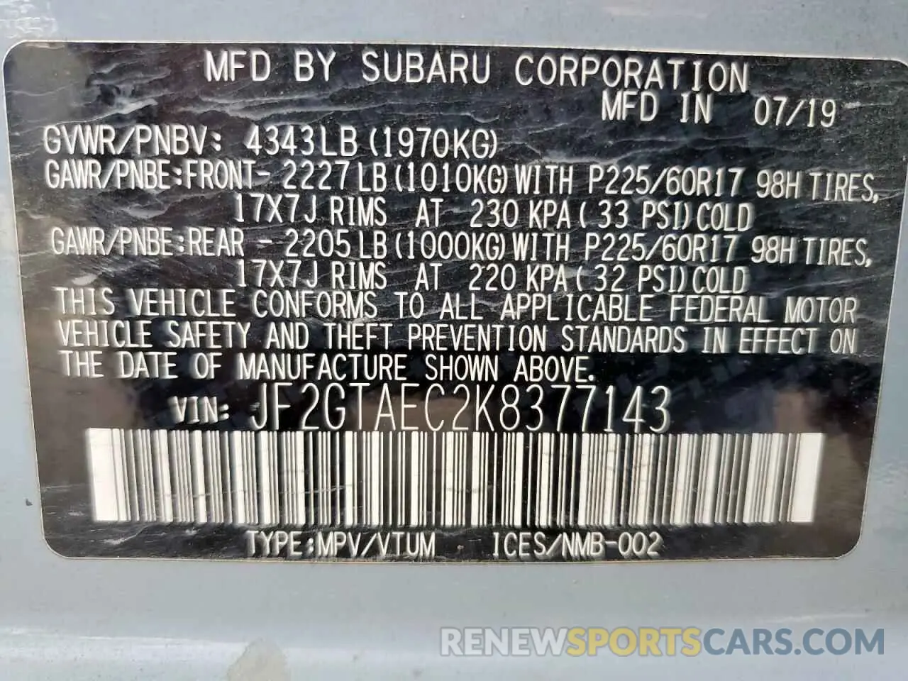 13 Photograph of a damaged car JF2GTAEC2K8377143 SUBARU CROSSTREK 2019