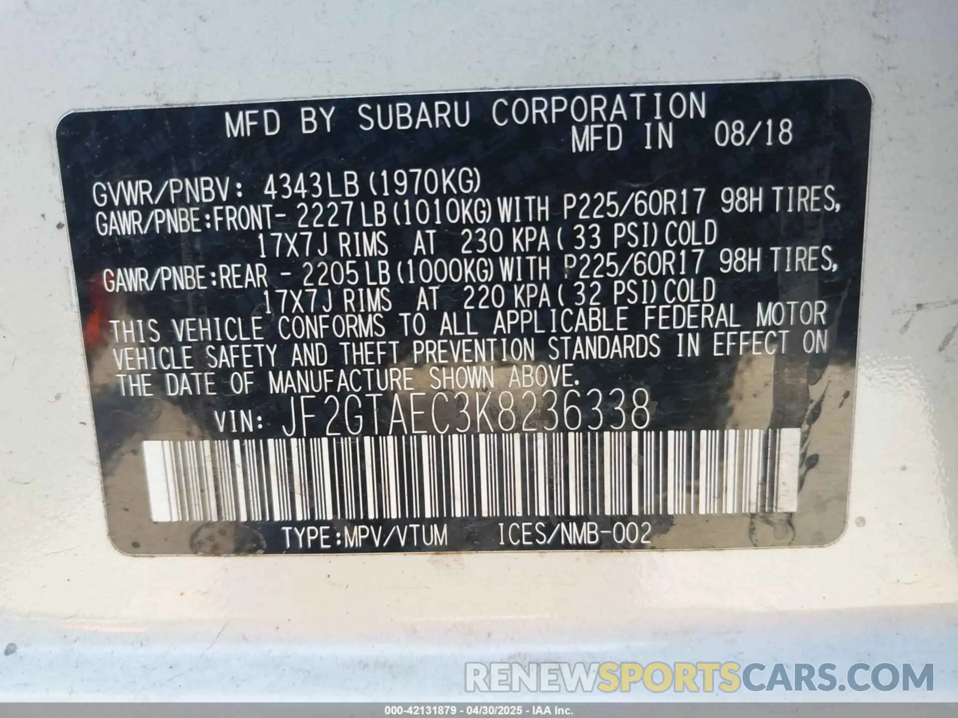 9 Фотография поврежденного автомобиля JF2GTAEC3K8236338 SUBARU CROSSTREK 2019