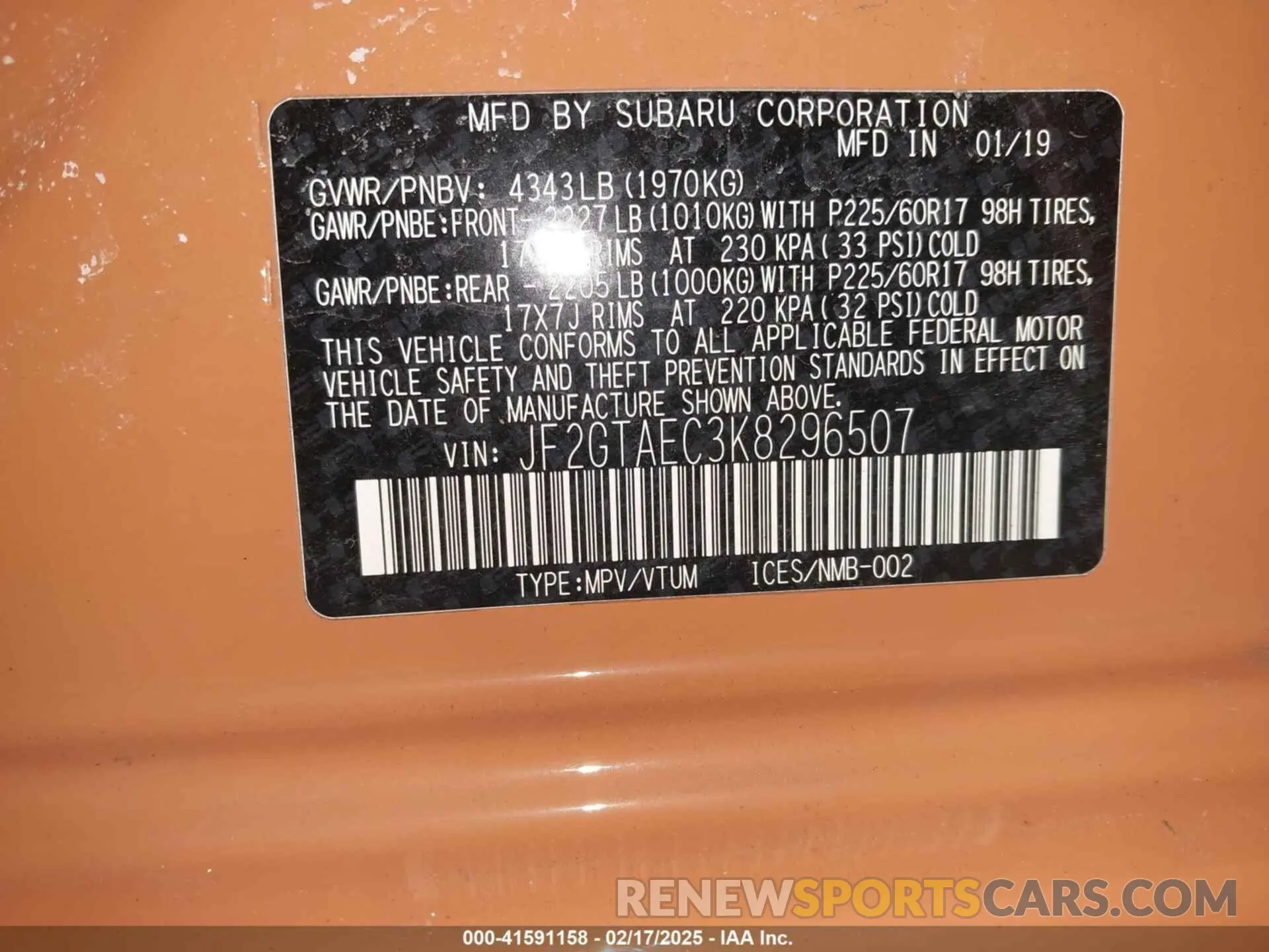 9 Фотография поврежденного автомобиля JF2GTAEC3K8296507 SUBARU CROSSTREK 2019
