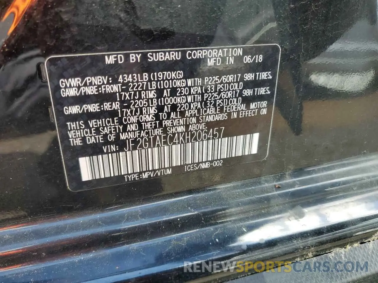 12 Photograph of a damaged car JF2GTAEC4KH206457 SUBARU CROSSTREK 2019