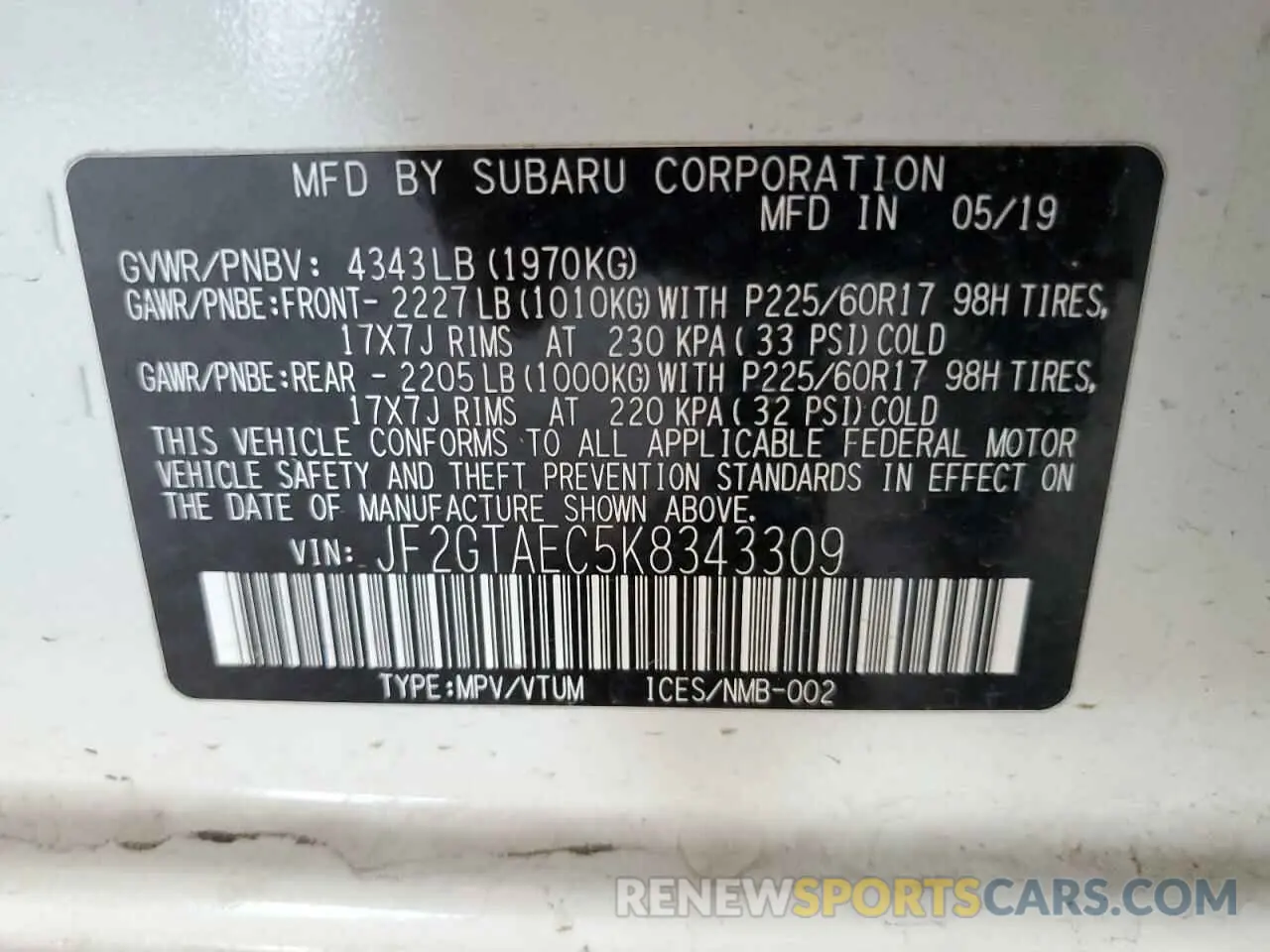 12 Photograph of a damaged car JF2GTAEC5K8343309 SUBARU CROSSTREK 2019
