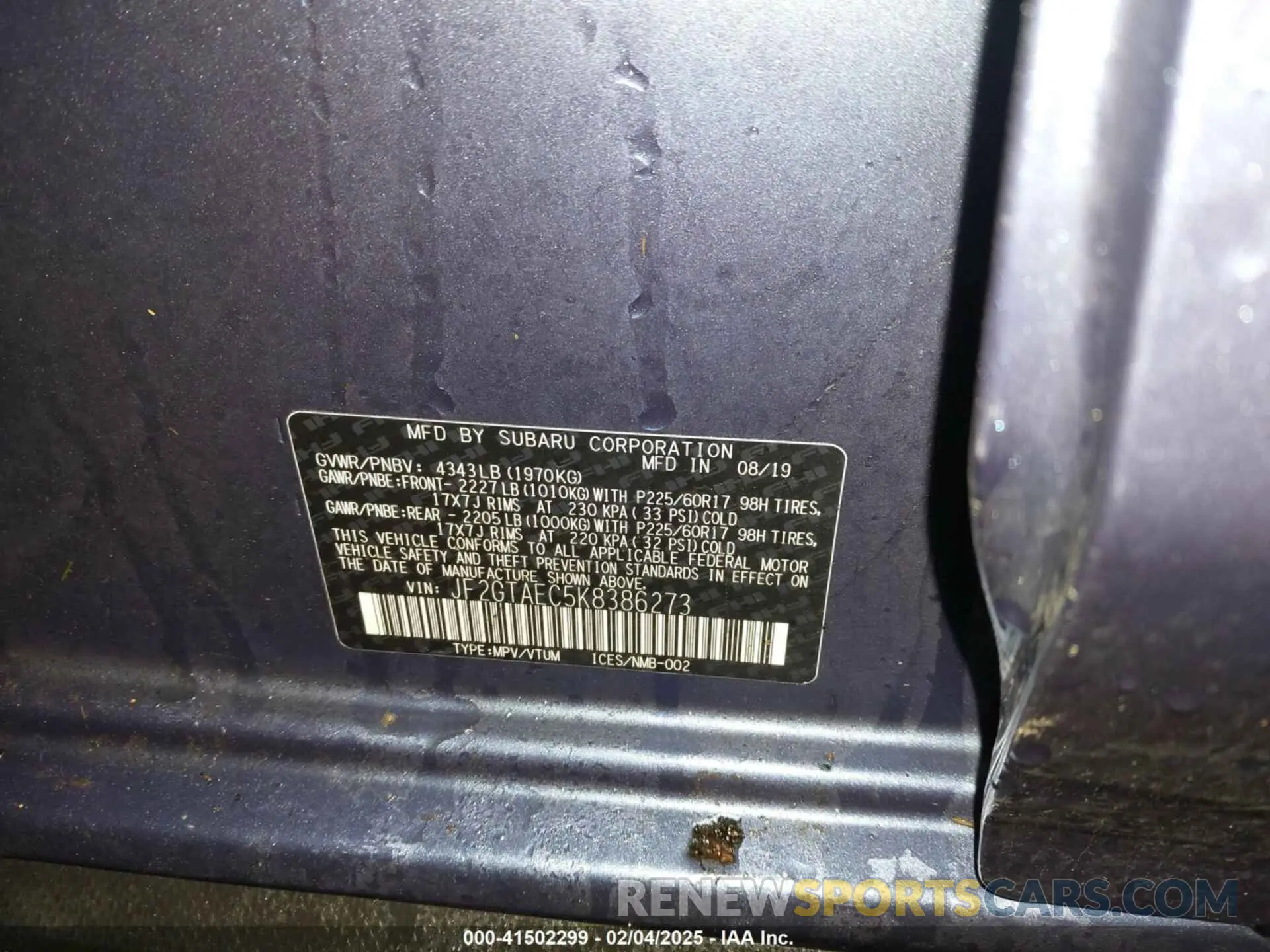 9 Фотография поврежденного автомобиля JF2GTAEC5K8386273 SUBARU CROSSTREK 2019