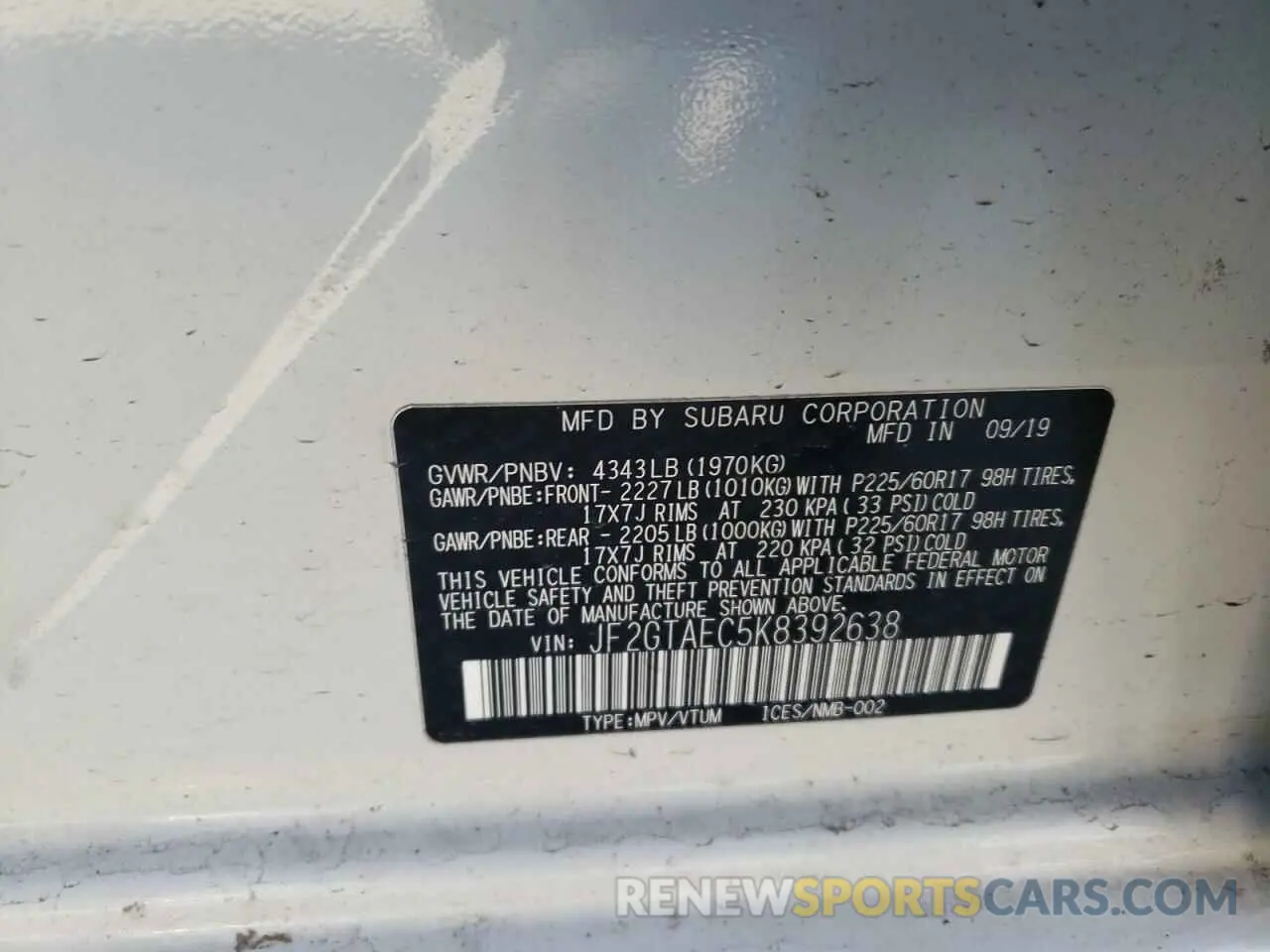 13 Фотография поврежденного автомобиля JF2GTAEC5K8392638 SUBARU CROSSTREK 2019