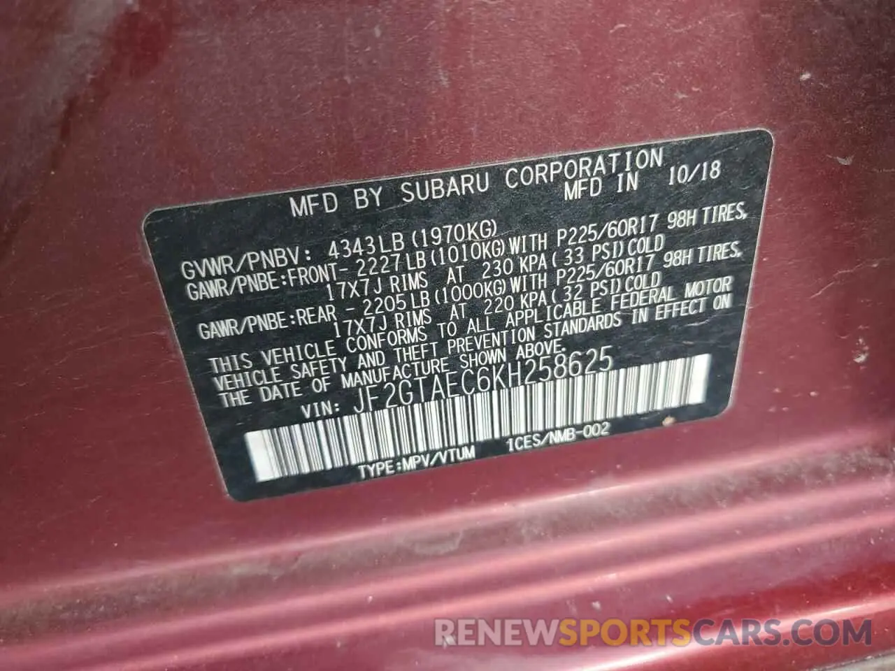 13 Photograph of a damaged car JF2GTAEC6KH258625 SUBARU CROSSTREK 2019