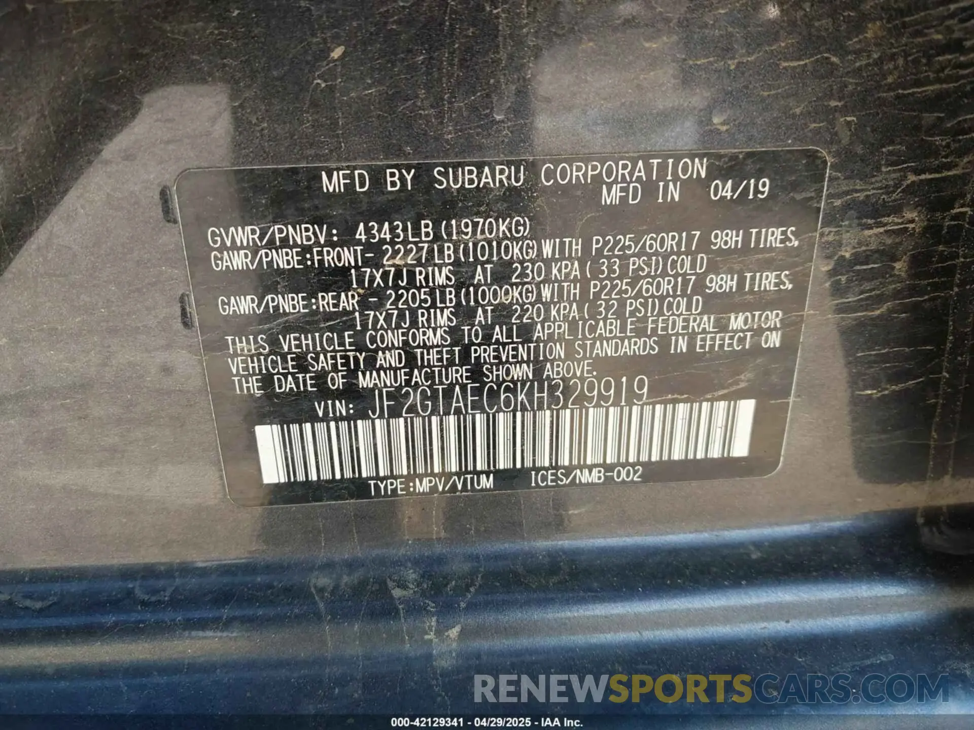9 Photograph of a damaged car JF2GTAEC6KH329919 SUBARU CROSSTREK 2019