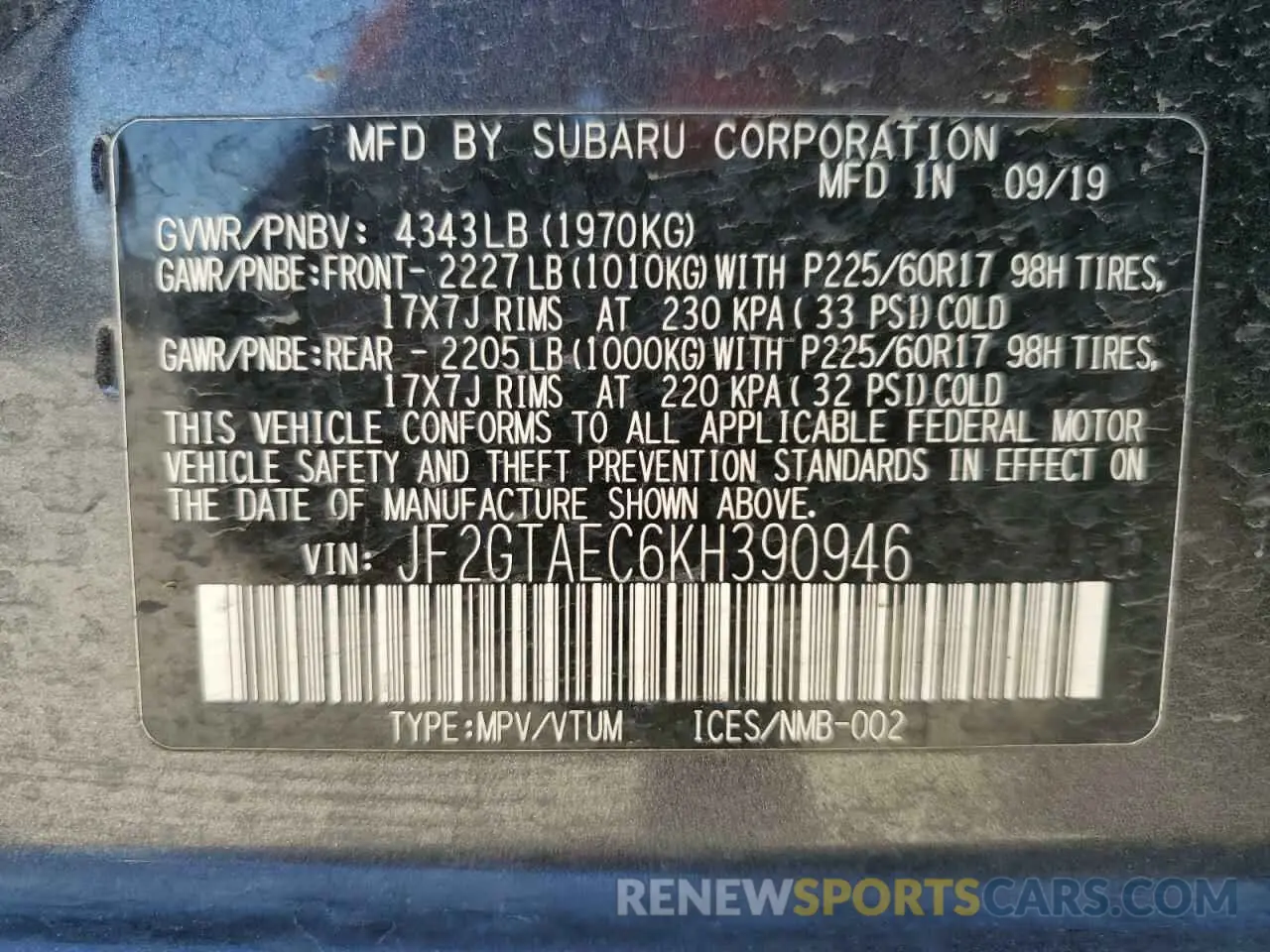 13 Photograph of a damaged car JF2GTAEC6KH390946 SUBARU CROSSTREK 2019