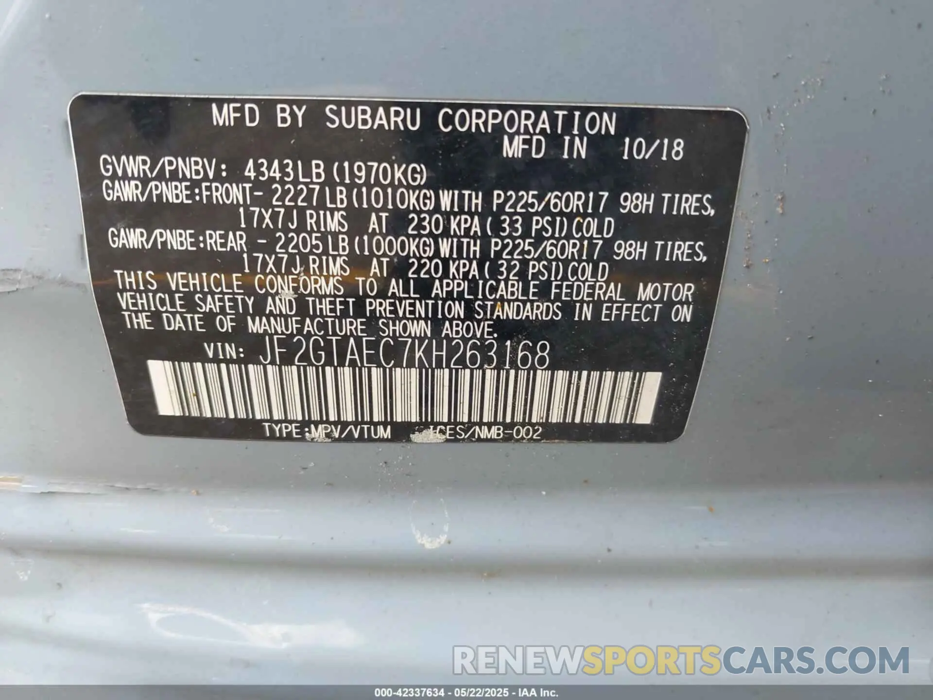 9 Photograph of a damaged car JF2GTAEC7KH263168 SUBARU CROSSTREK 2019