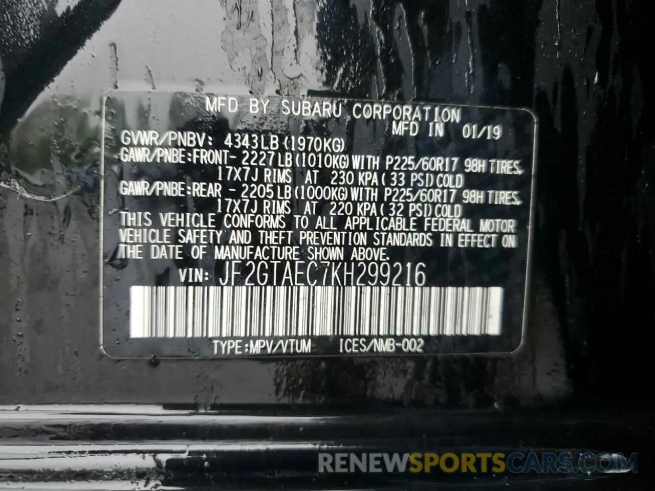 13 Фотография поврежденного автомобиля JF2GTAEC7KH299216 SUBARU CROSSTREK 2019