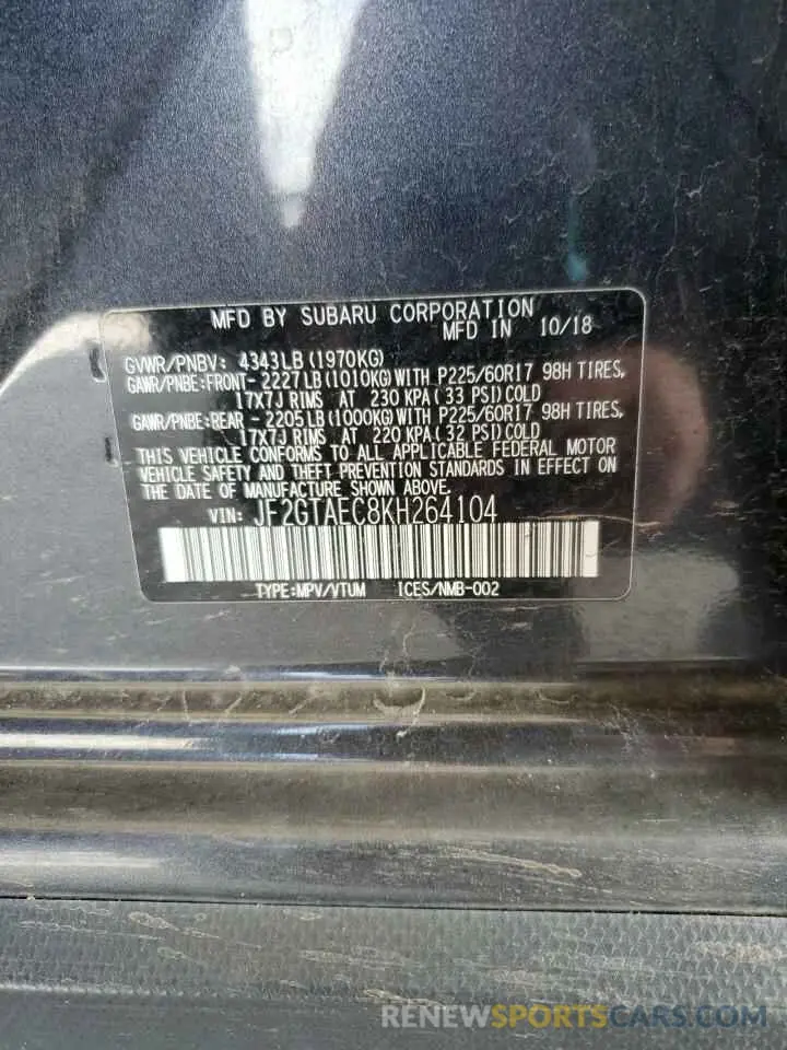 15 Photograph of a damaged car JF2GTAEC8KH264104 SUBARU CROSSTREK 2019