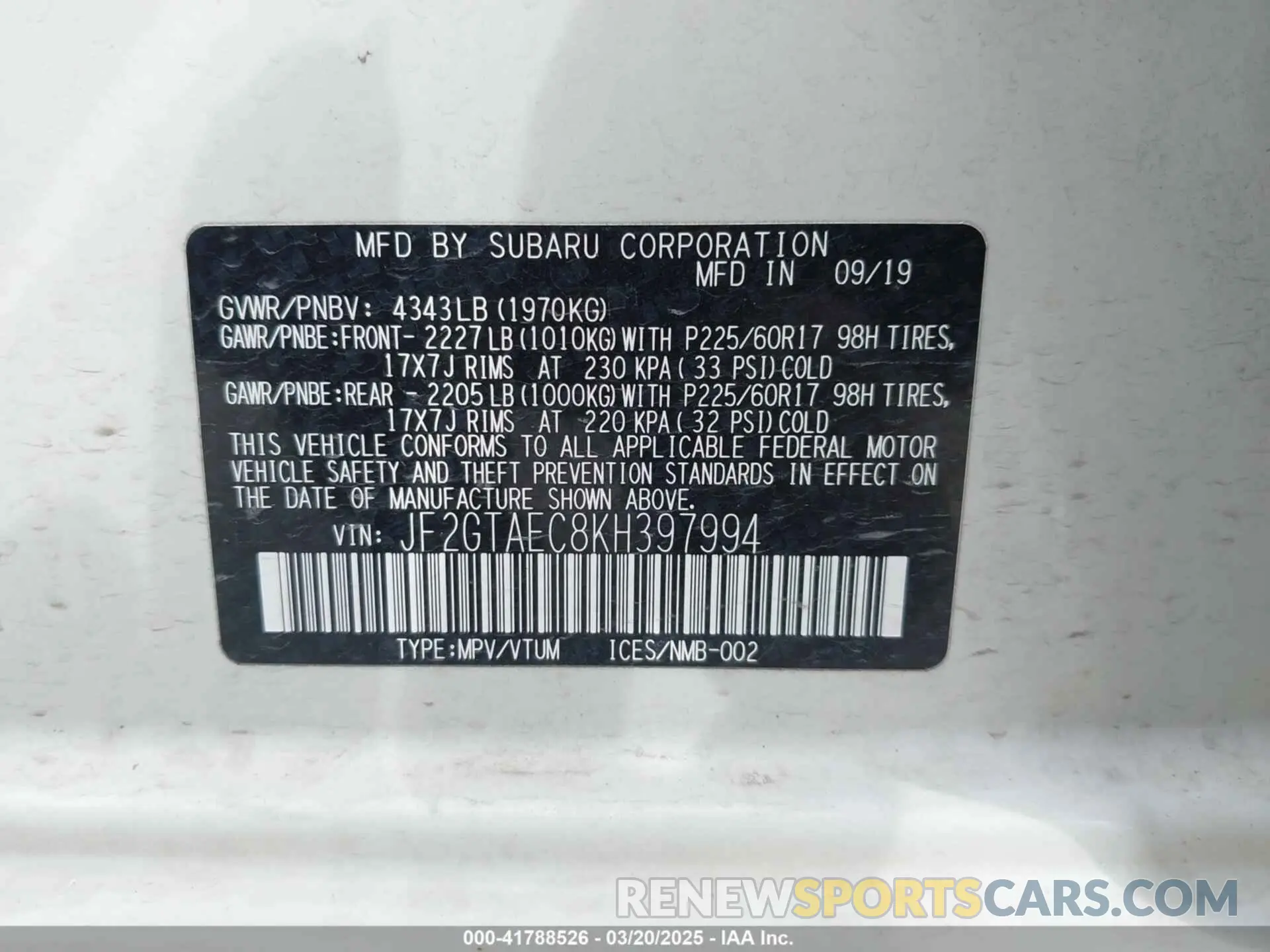 9 Фотография поврежденного автомобиля JF2GTAEC8KH397994 SUBARU CROSSTREK 2019