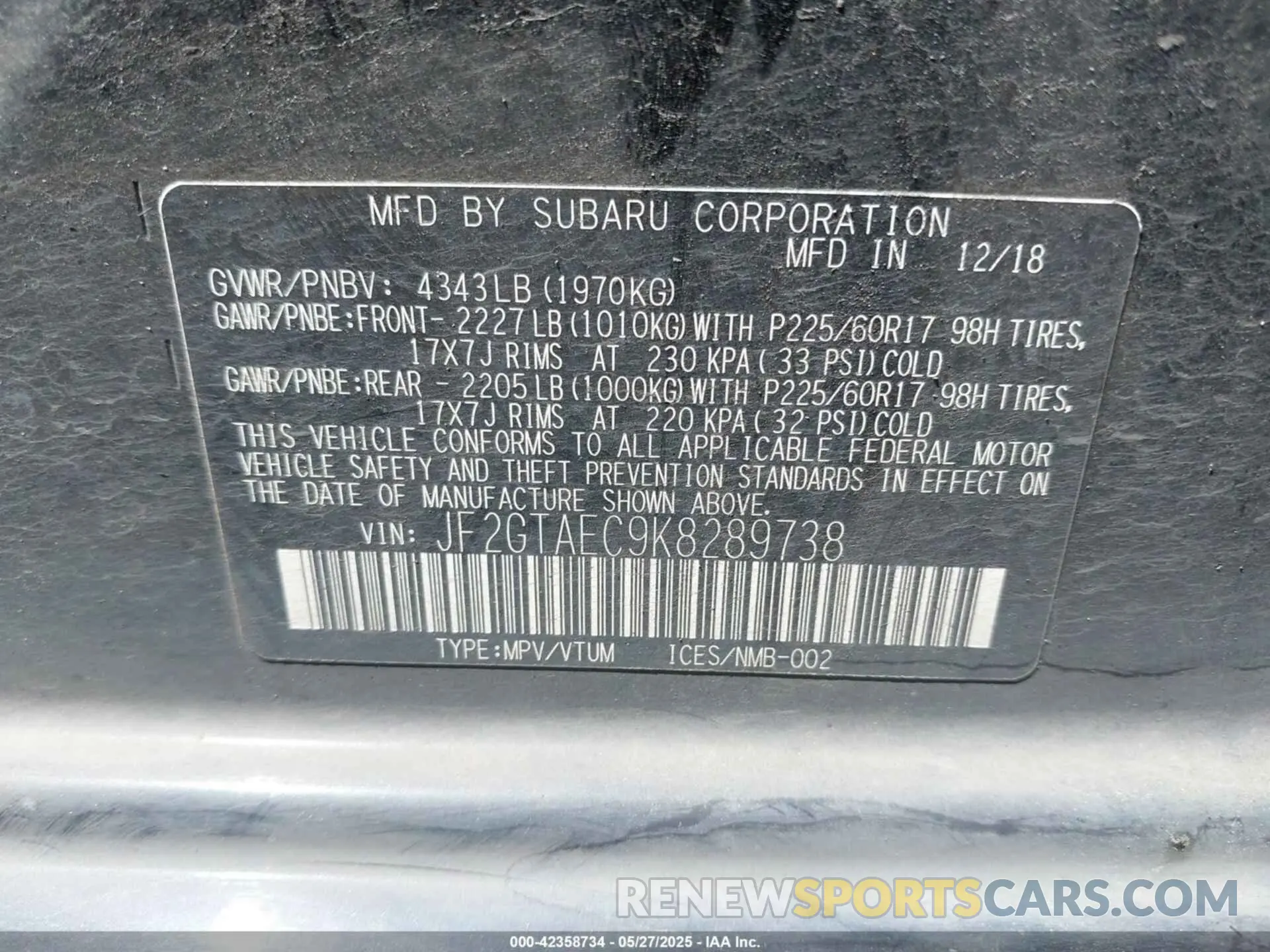 9 Photograph of a damaged car JF2GTAEC9K8289738 SUBARU CROSSTREK 2019