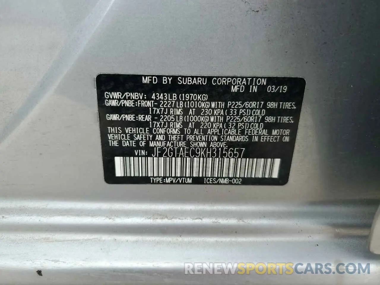 13 Фотография поврежденного автомобиля JF2GTAEC9KH315657 SUBARU CROSSTREK 2019