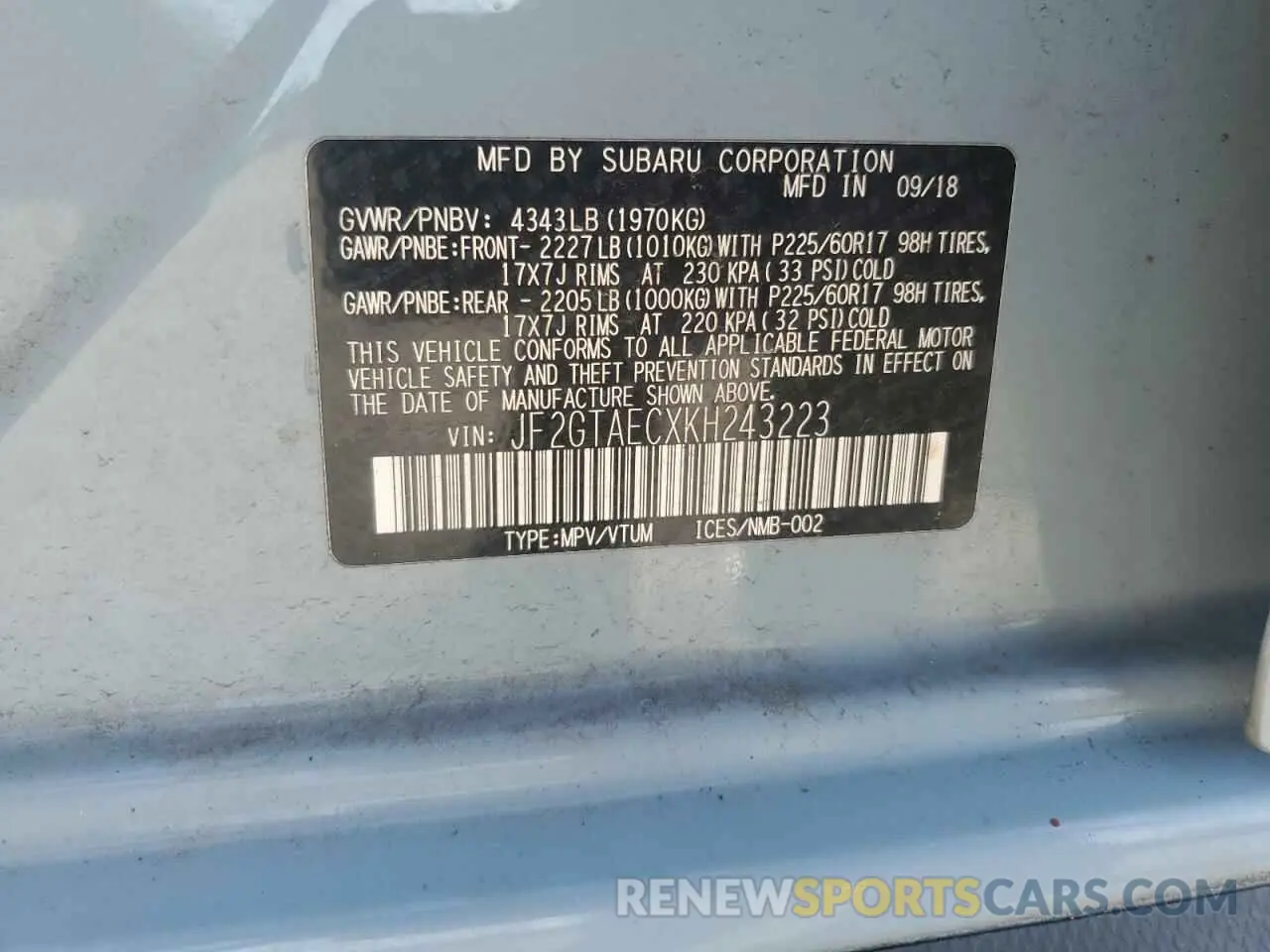 12 Фотография поврежденного автомобиля JF2GTAECXKH243223 SUBARU CROSSTREK 2019