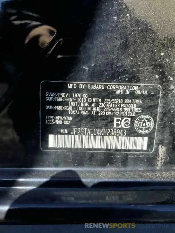 14 Фотография поврежденного автомобиля JF2GTALC4KH238943 SUBARU CROSSTREK 2019