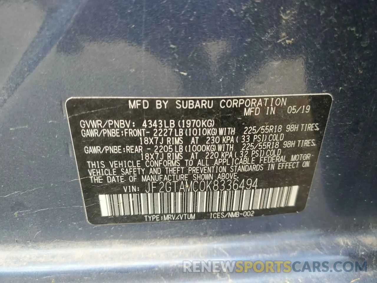 13 Фотография поврежденного автомобиля JF2GTAMC0K8336494 SUBARU CROSSTREK 2019