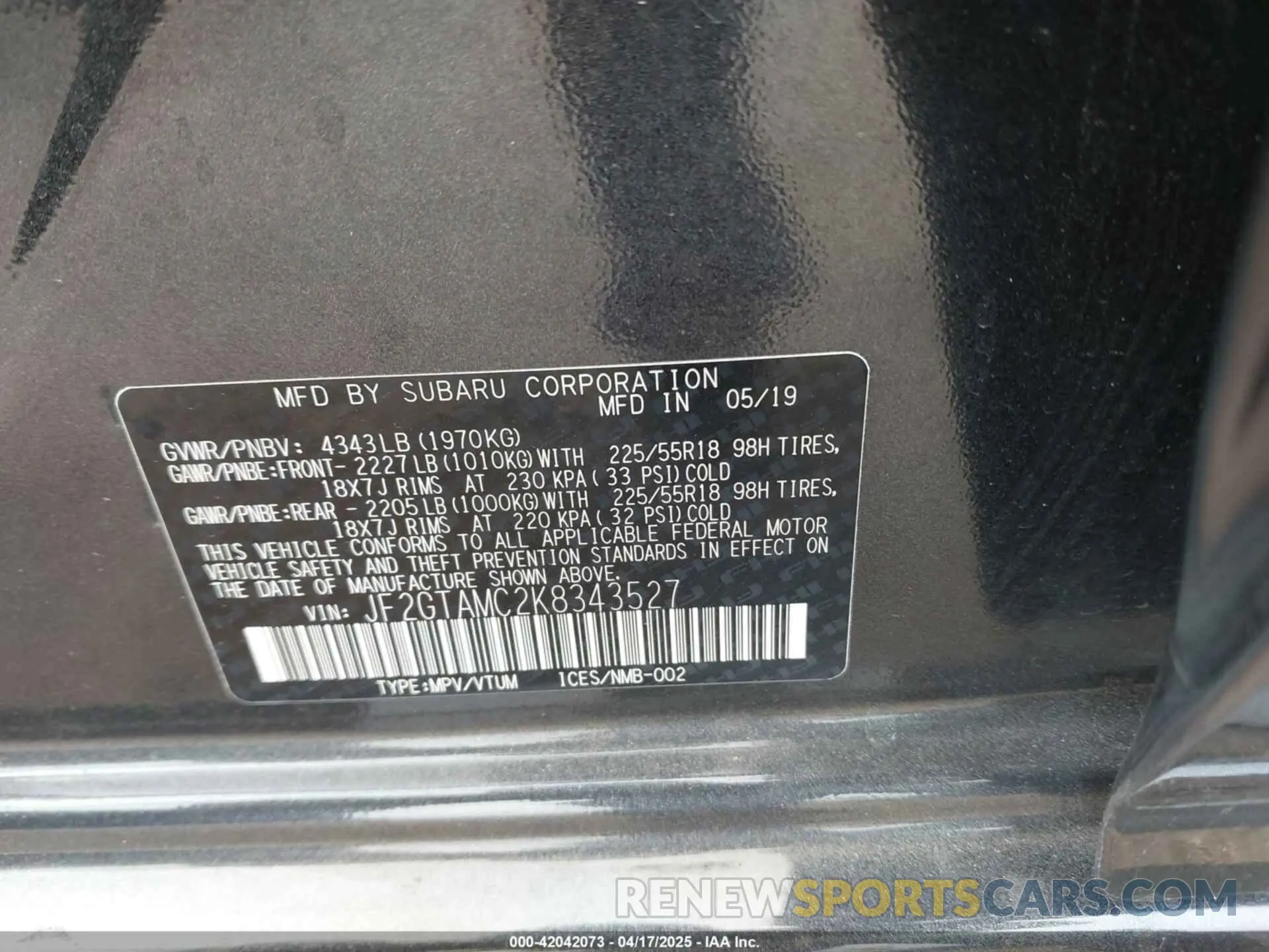 9 Photograph of a damaged car JF2GTAMC2K8343527 SUBARU CROSSTREK 2019