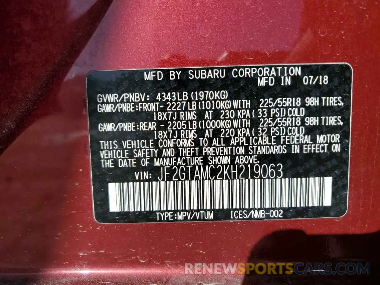 14 Фотография поврежденного автомобиля JF2GTAMC2KH219063 SUBARU CROSSTREK 2019