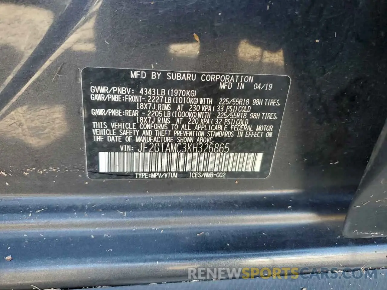 13 Photograph of a damaged car JF2GTAMC3KH326865 SUBARU CROSSTREK 2019