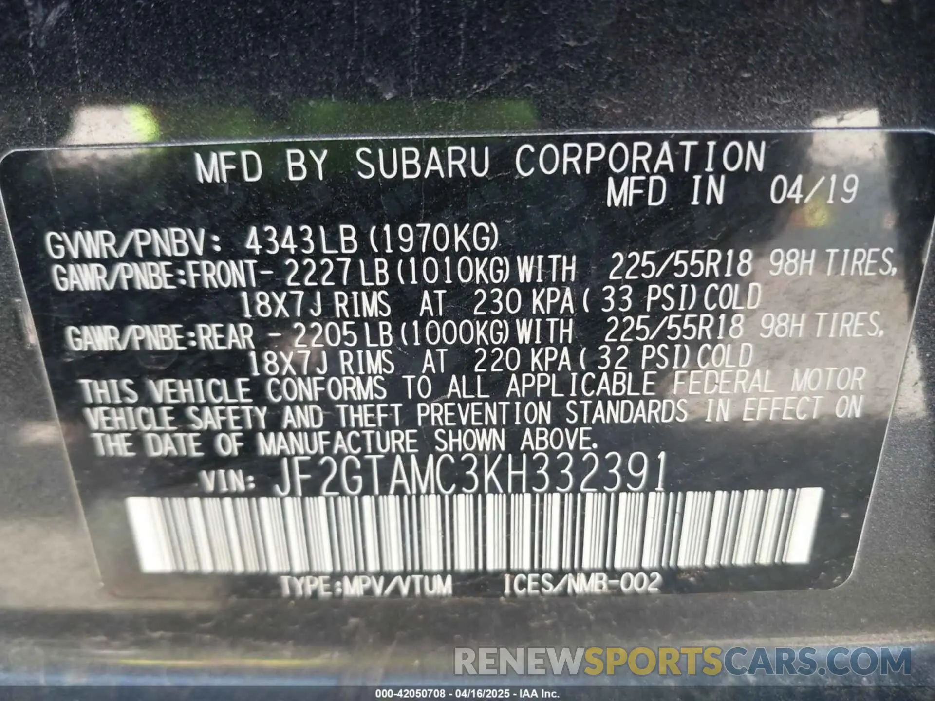 9 Photograph of a damaged car JF2GTAMC3KH332391 SUBARU CROSSTREK 2019