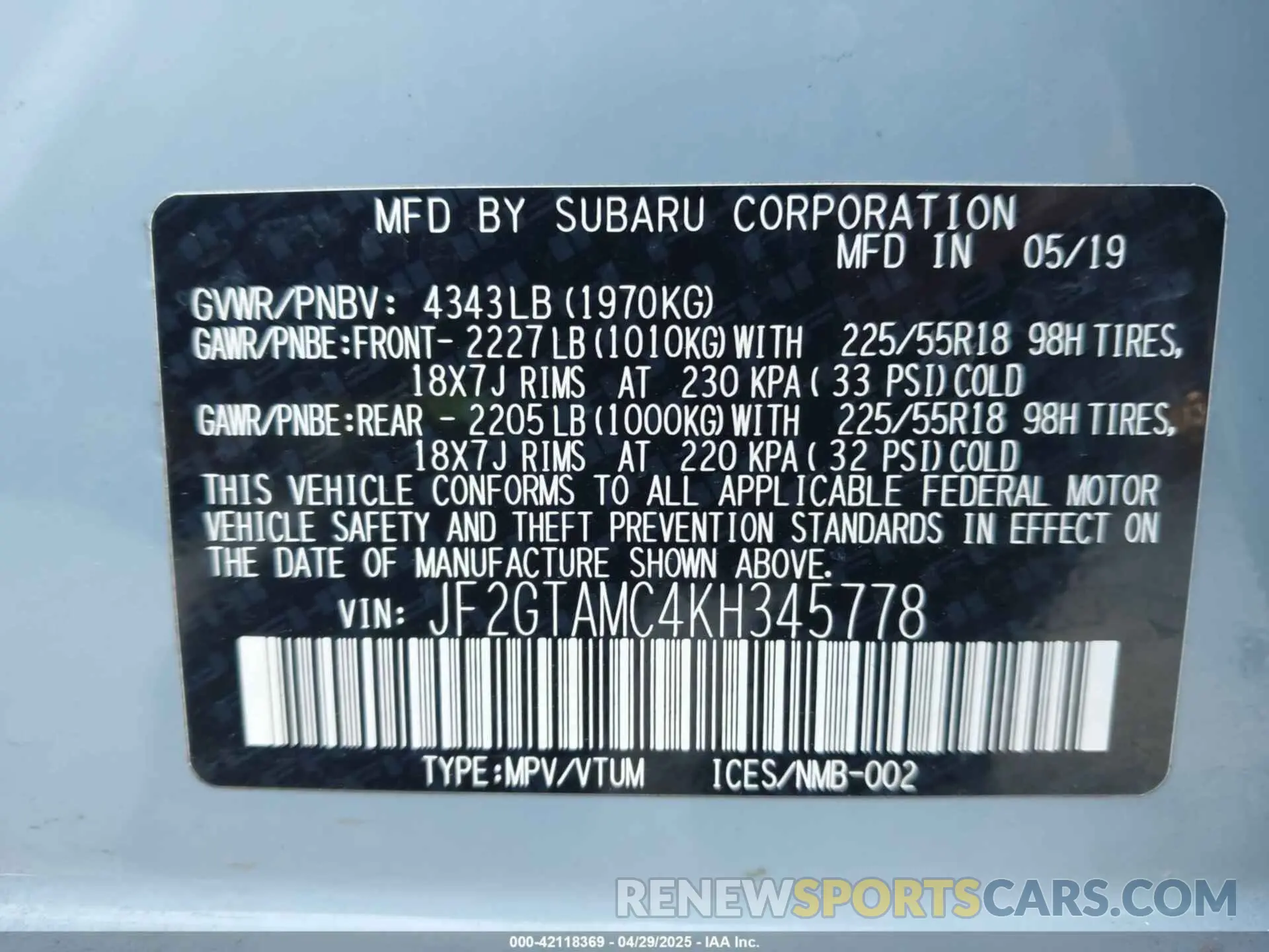 9 Фотография поврежденного автомобиля JF2GTAMC4KH345778 SUBARU CROSSTREK 2019