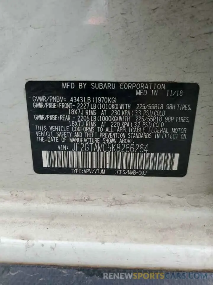 15 Фотография поврежденного автомобиля JF2GTAMC5K8266264 SUBARU CROSSTREK 2019