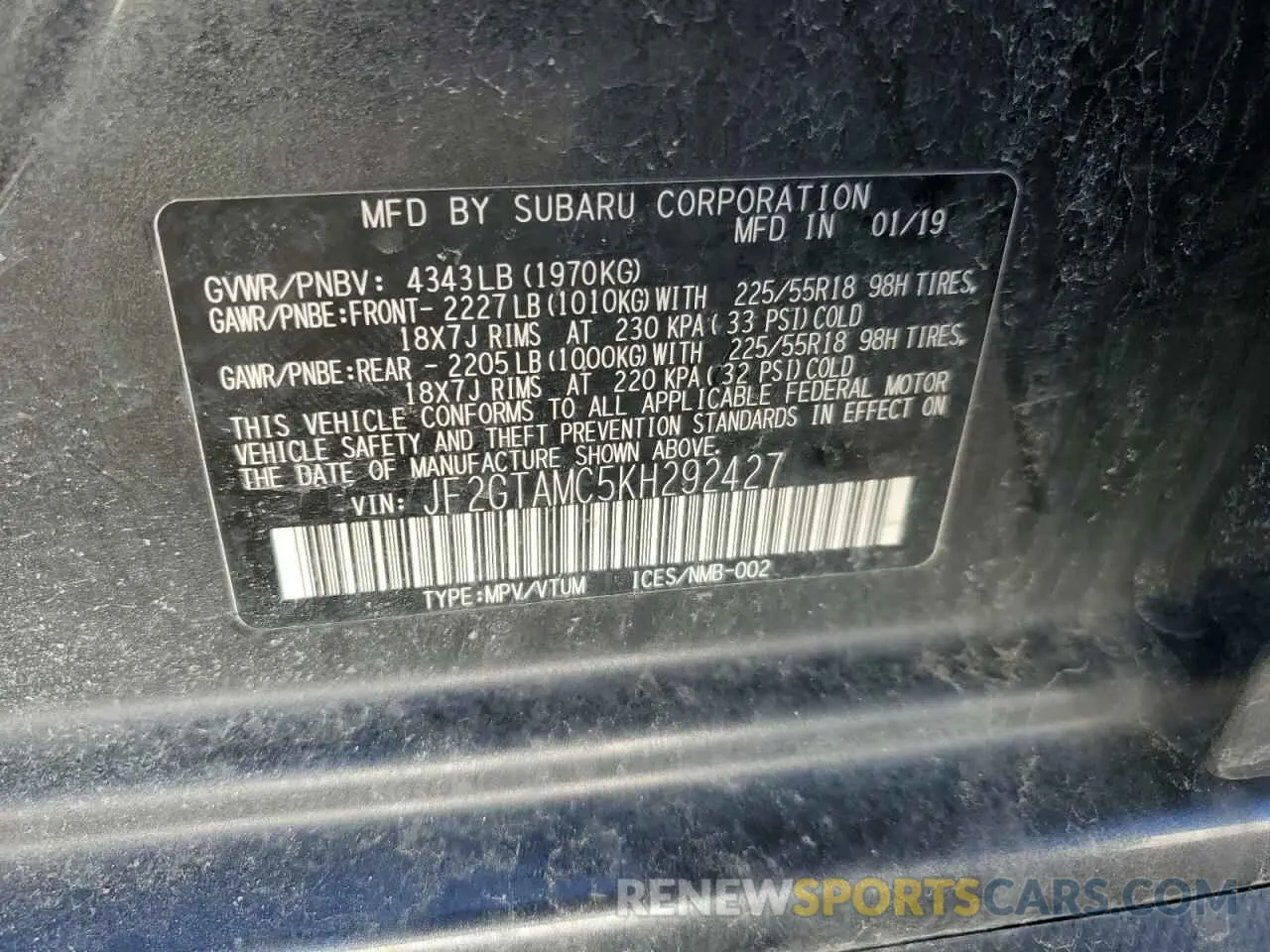 12 Фотография поврежденного автомобиля JF2GTAMC5KH292427 SUBARU CROSSTREK 2019