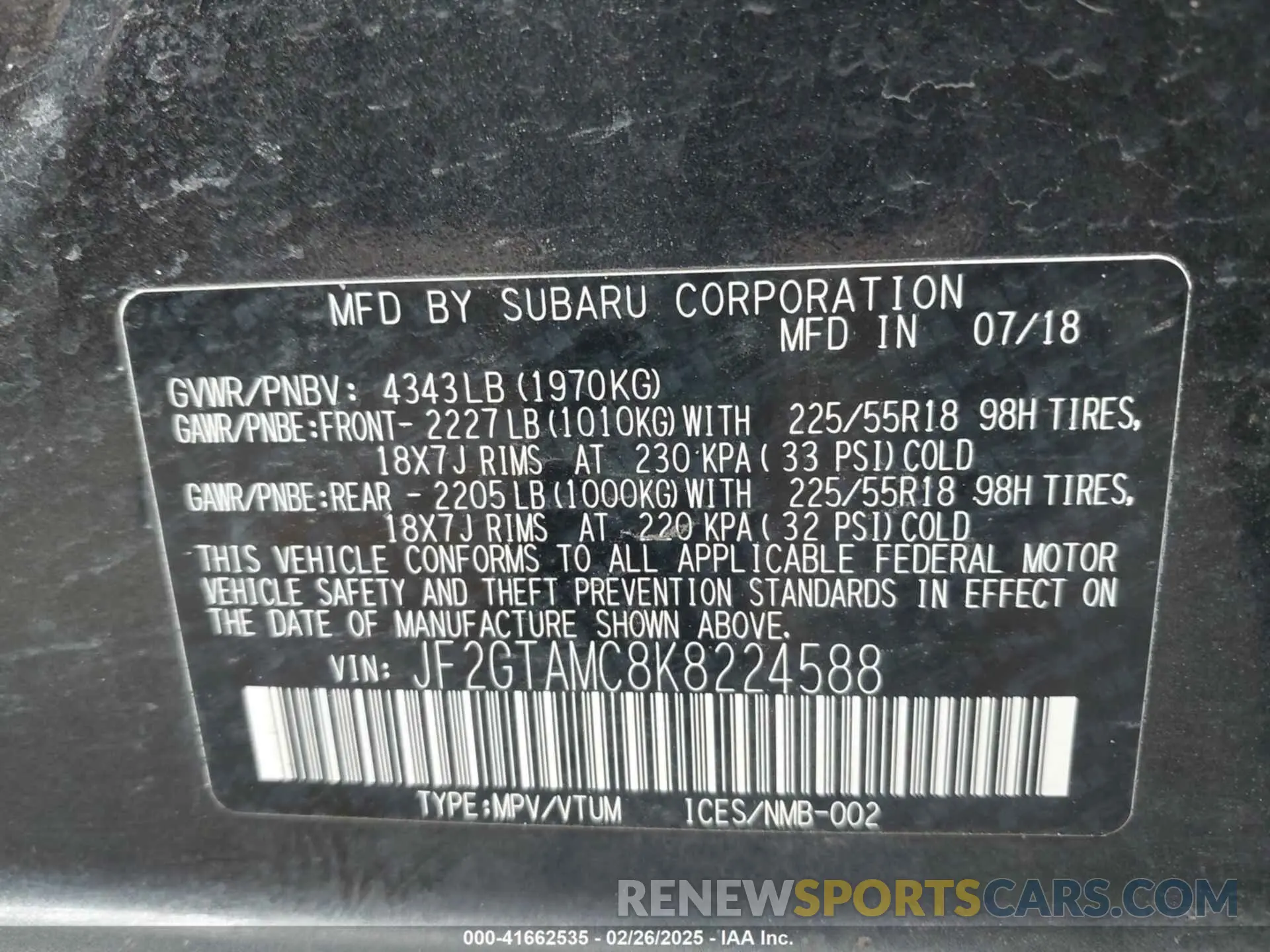 9 Photograph of a damaged car JF2GTAMC8K8224588 SUBARU CROSSTREK 2019