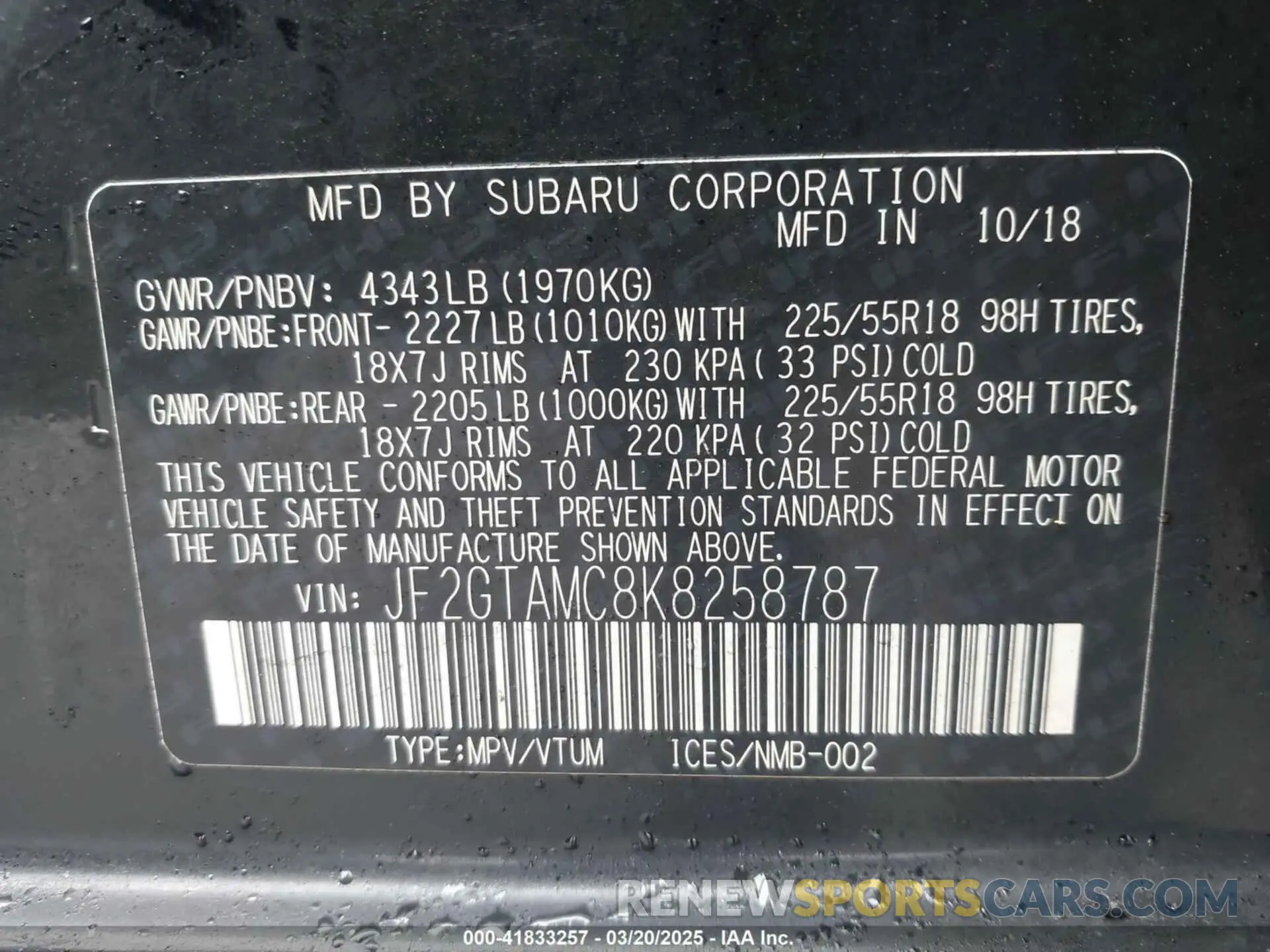 9 Photograph of a damaged car JF2GTAMC8K8258787 SUBARU CROSSTREK 2019