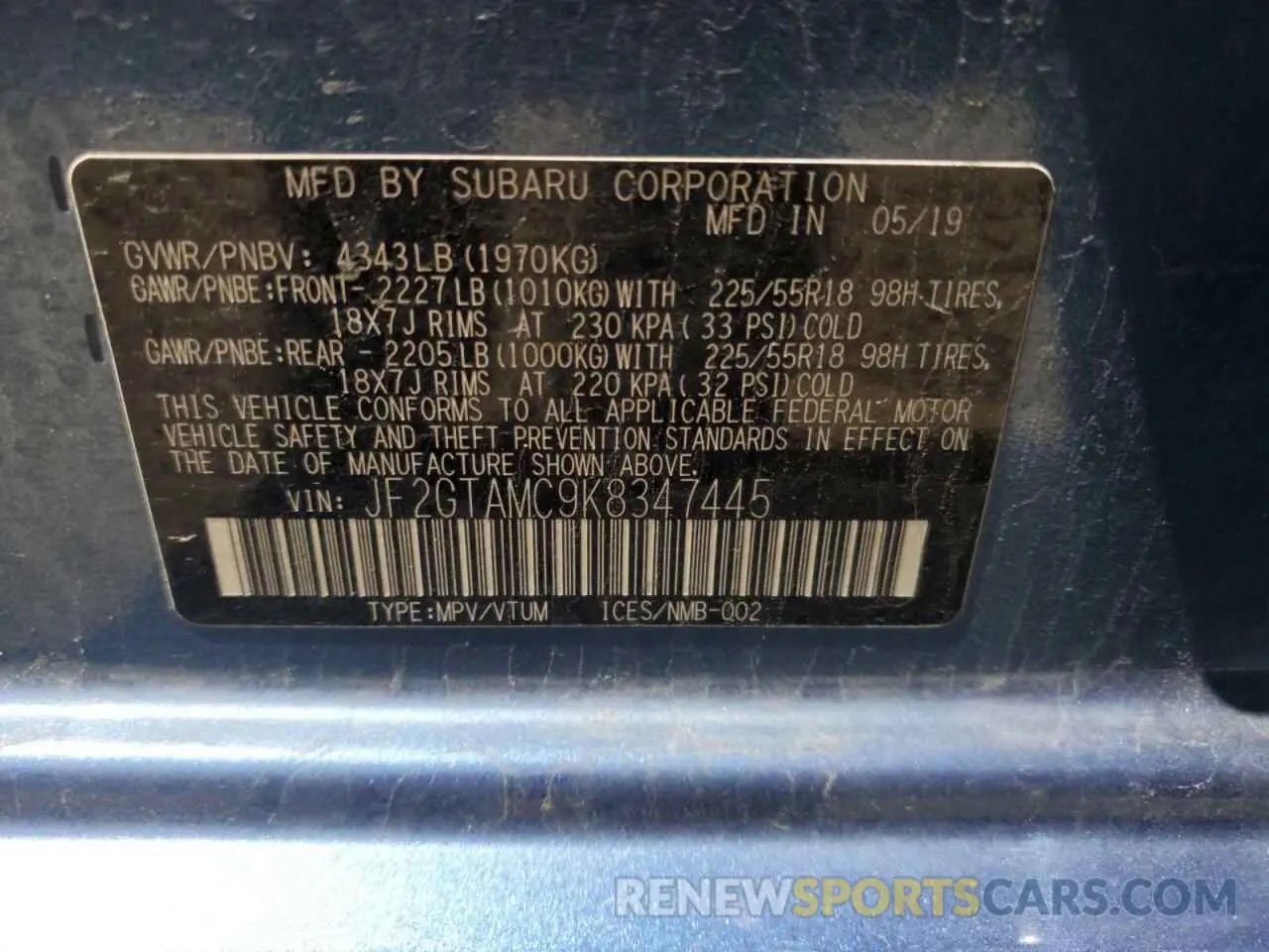 13 Фотография поврежденного автомобиля JF2GTAMC9K8347445 SUBARU CROSSTREK 2019