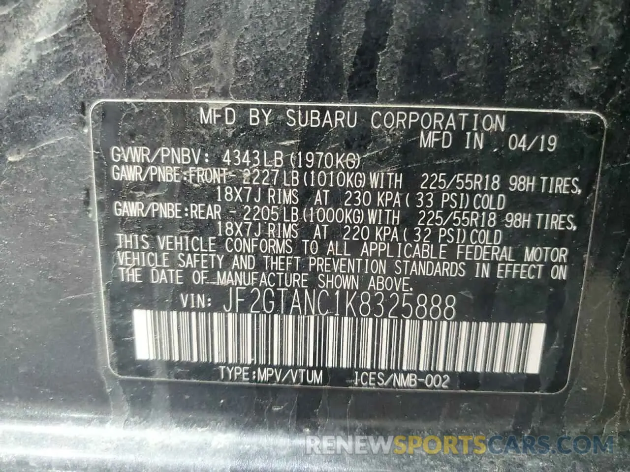 13 Photograph of a damaged car JF2GTANC1K8325888 SUBARU CROSSTREK 2019