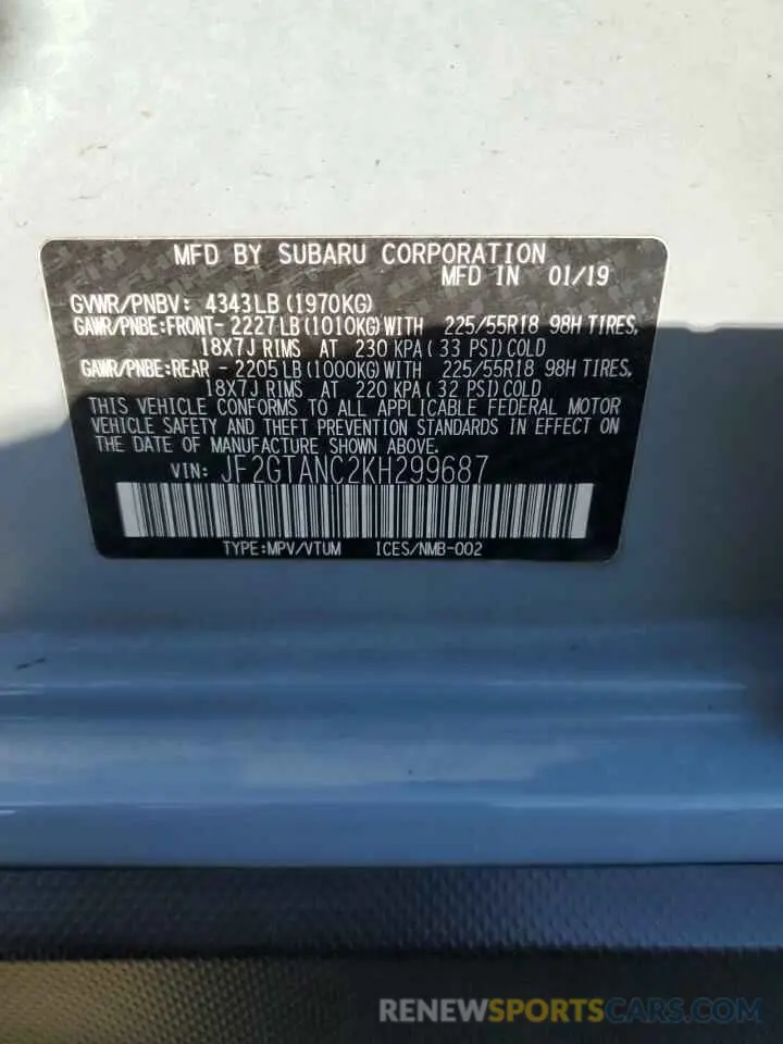 13 Photograph of a damaged car JF2GTANC2KH299687 SUBARU CROSSTREK 2019