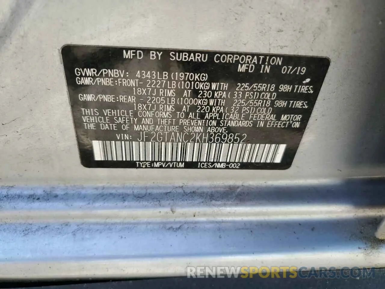 13 Photograph of a damaged car JF2GTANC2KH369852 SUBARU CROSSTREK 2019