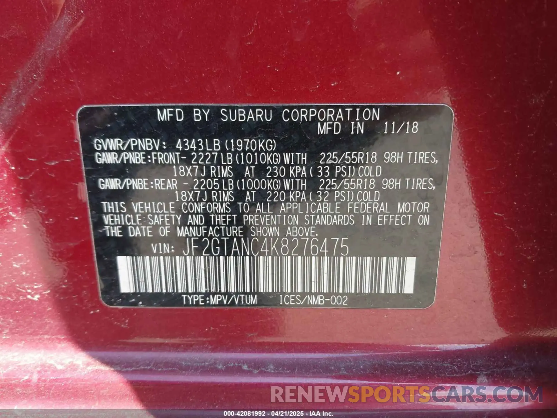 9 Фотография поврежденного автомобиля JF2GTANC4K8276475 SUBARU CROSSTREK 2019