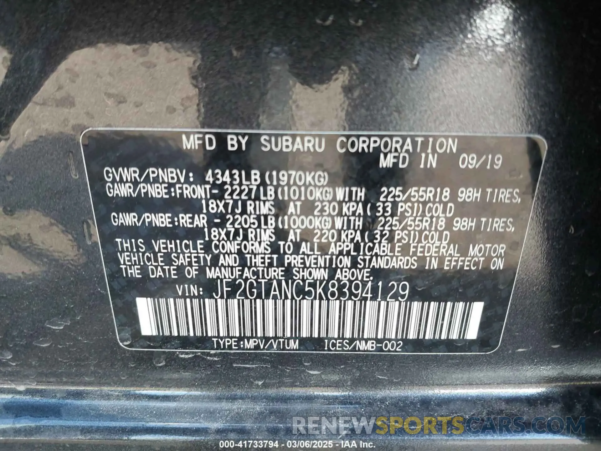 9 Photograph of a damaged car JF2GTANC5K8394129 SUBARU CROSSTREK 2019