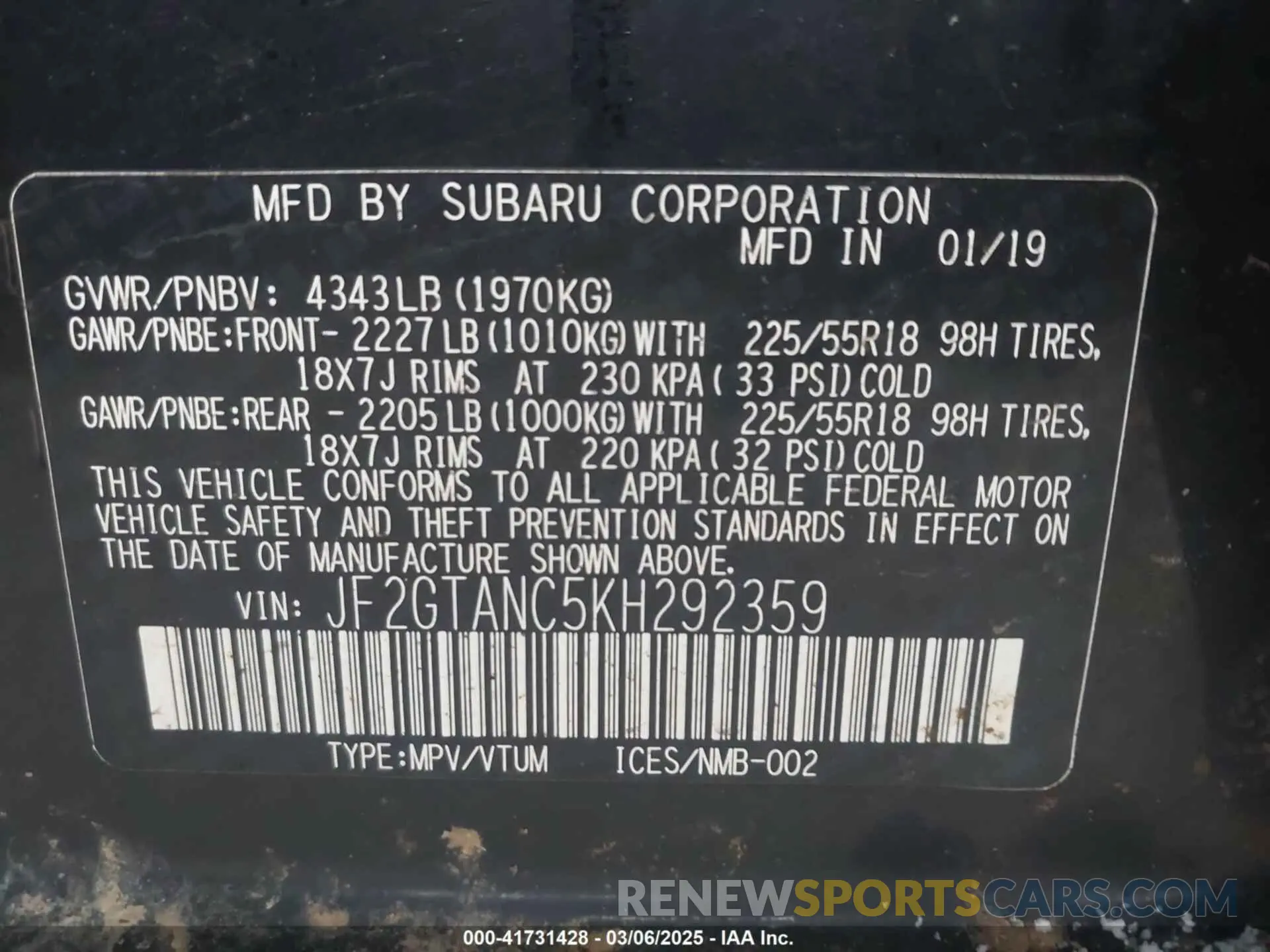 9 Photograph of a damaged car JF2GTANC5KH292359 SUBARU CROSSTREK 2019