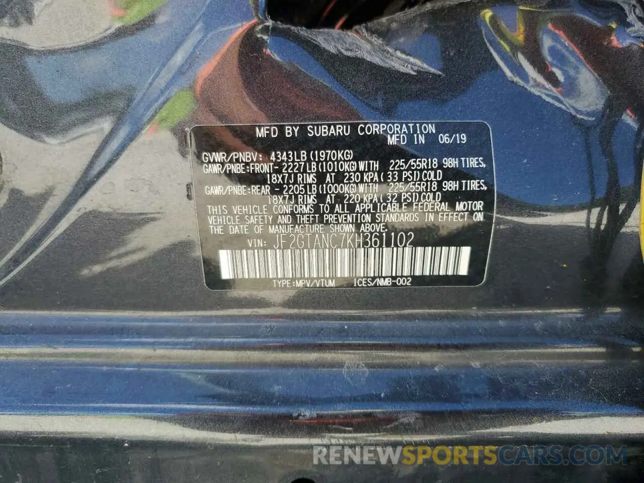 12 Фотография поврежденного автомобиля JF2GTANC7KH361102 SUBARU CROSSTREK 2019