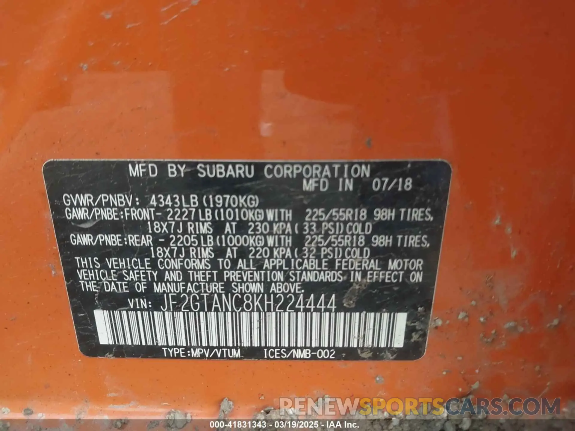 9 Фотография поврежденного автомобиля JF2GTANC8KH224444 SUBARU CROSSTREK 2019