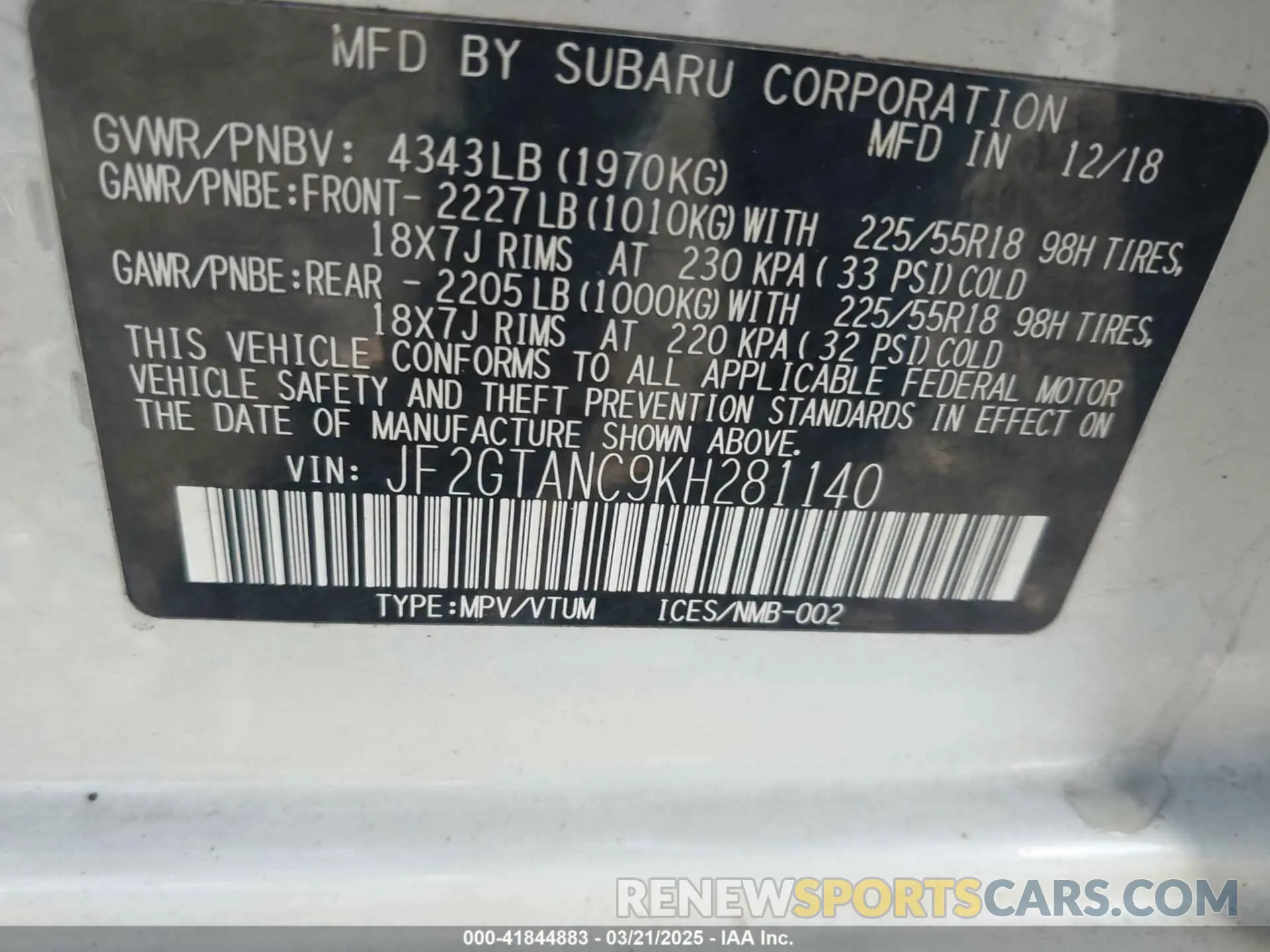 9 Photograph of a damaged car JF2GTANC9KH281140 SUBARU CROSSTREK 2019
