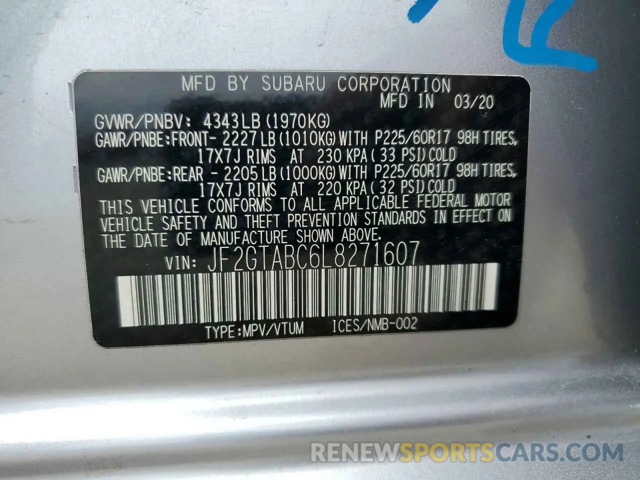 12 Photograph of a damaged car JF2GTABC6L8271607 SUBARU CROSSTREK 2020