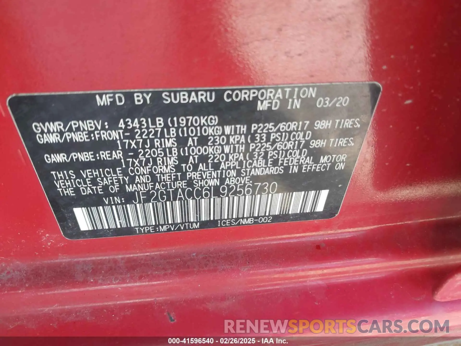 9 Photograph of a damaged car JF2GTACC6L9256730 SUBARU CROSSTREK 2020