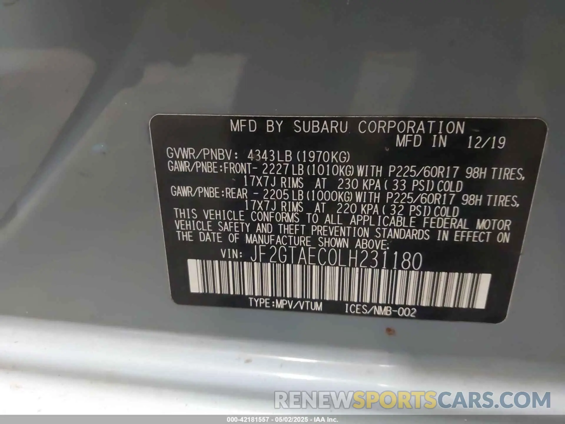 9 Photograph of a damaged car JF2GTAEC0LH231180 SUBARU CROSSTREK 2020