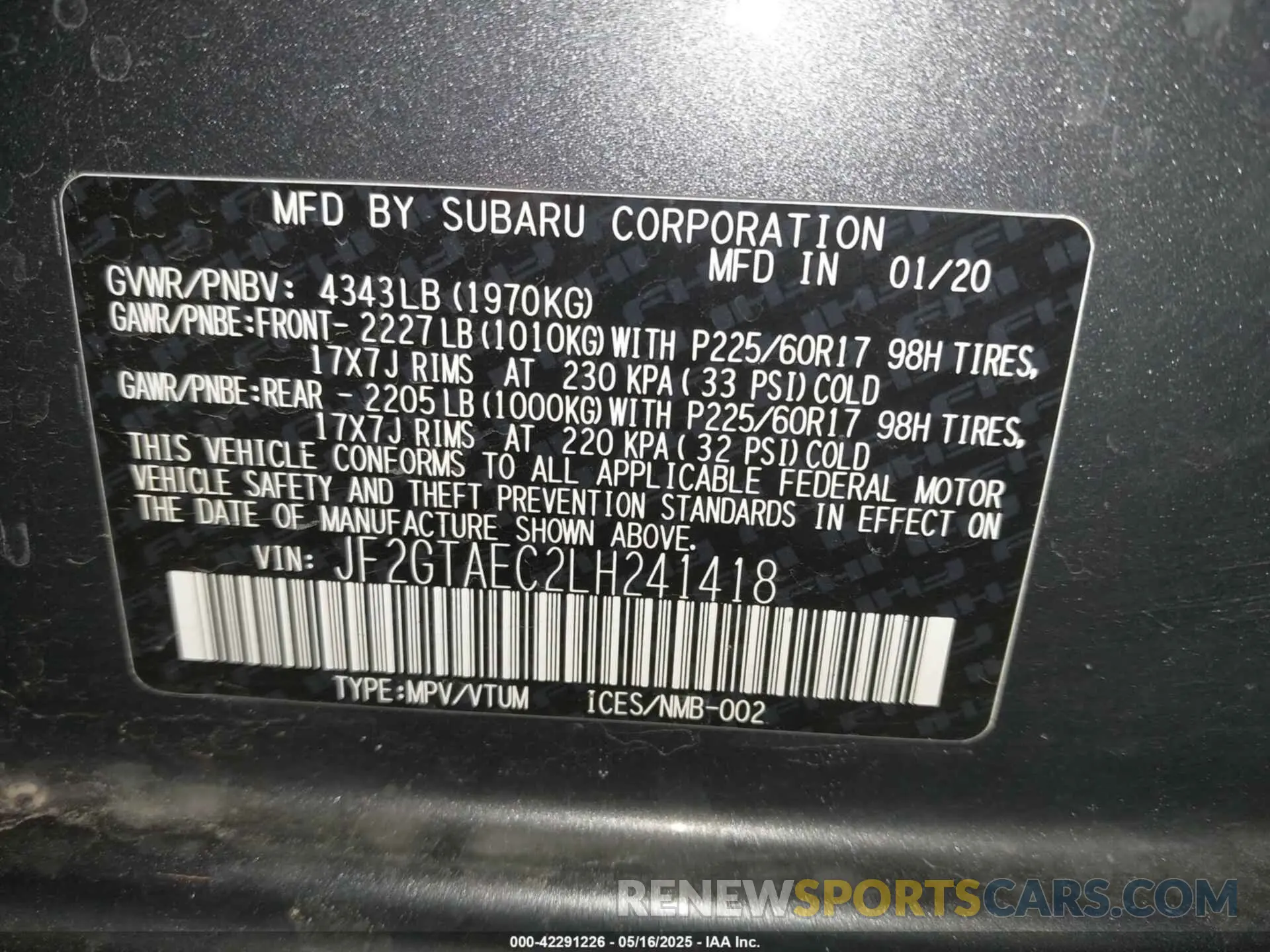 9 Photograph of a damaged car JF2GTAEC2LH241418 SUBARU CROSSTREK 2020