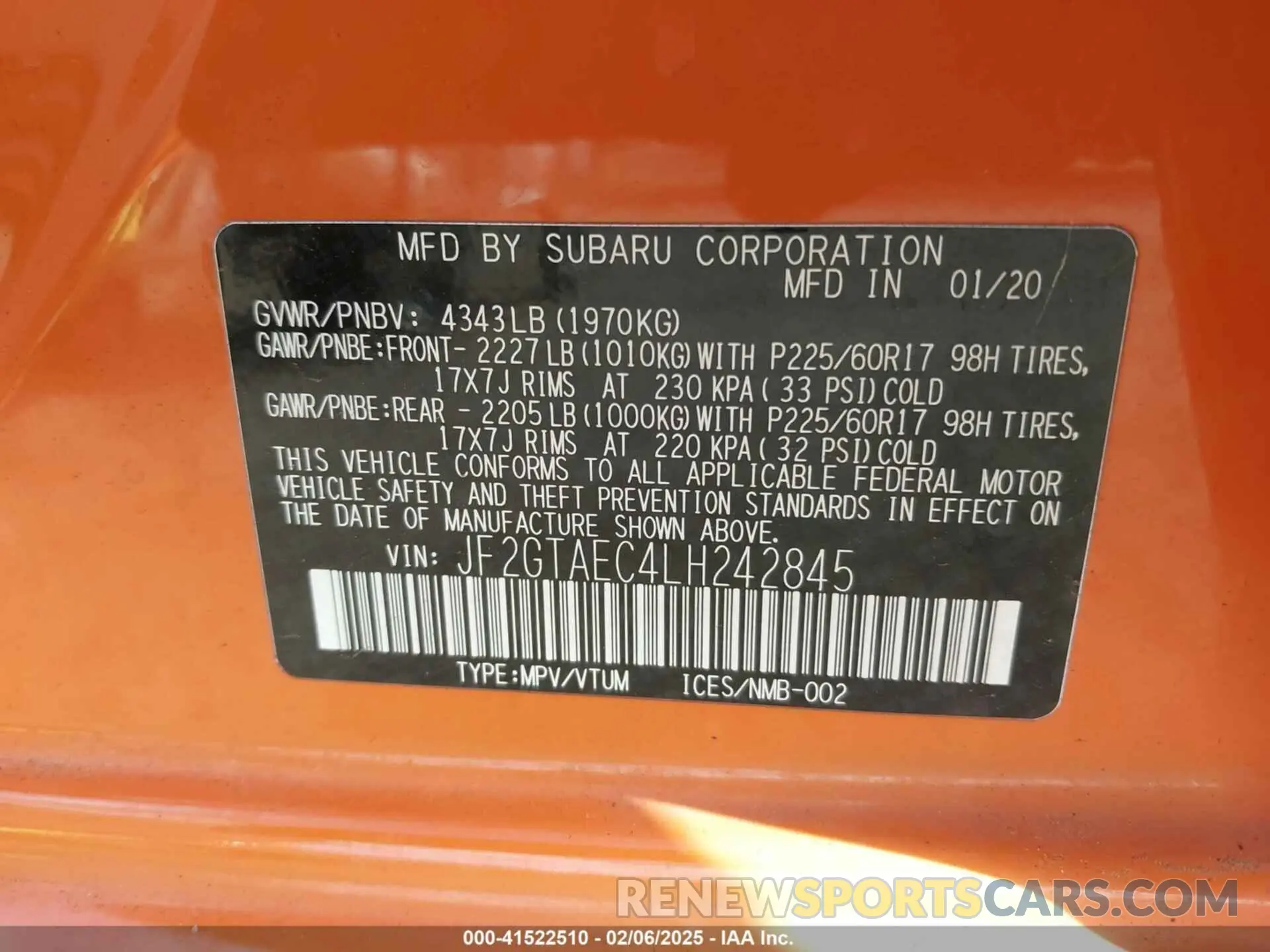 9 Photograph of a damaged car JF2GTAEC4LH242845 SUBARU CROSSTREK 2020
