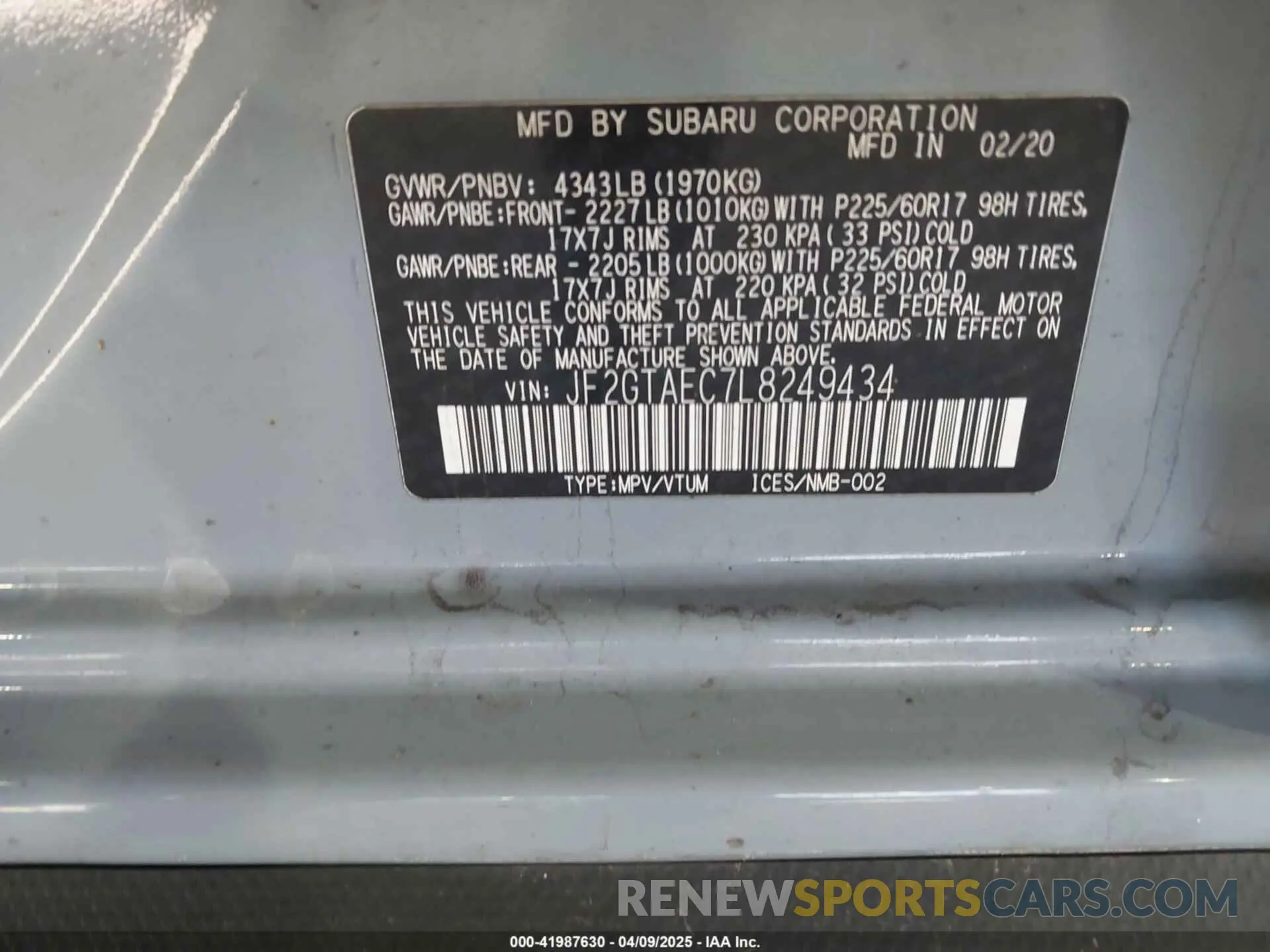 9 Фотография поврежденного автомобиля JF2GTAEC7L8249434 SUBARU CROSSTREK 2020